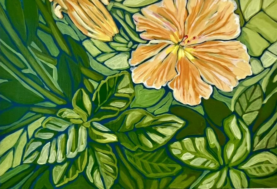 A painting of a large, peach-colored hibiscus flower surrounded by lush green leaves.