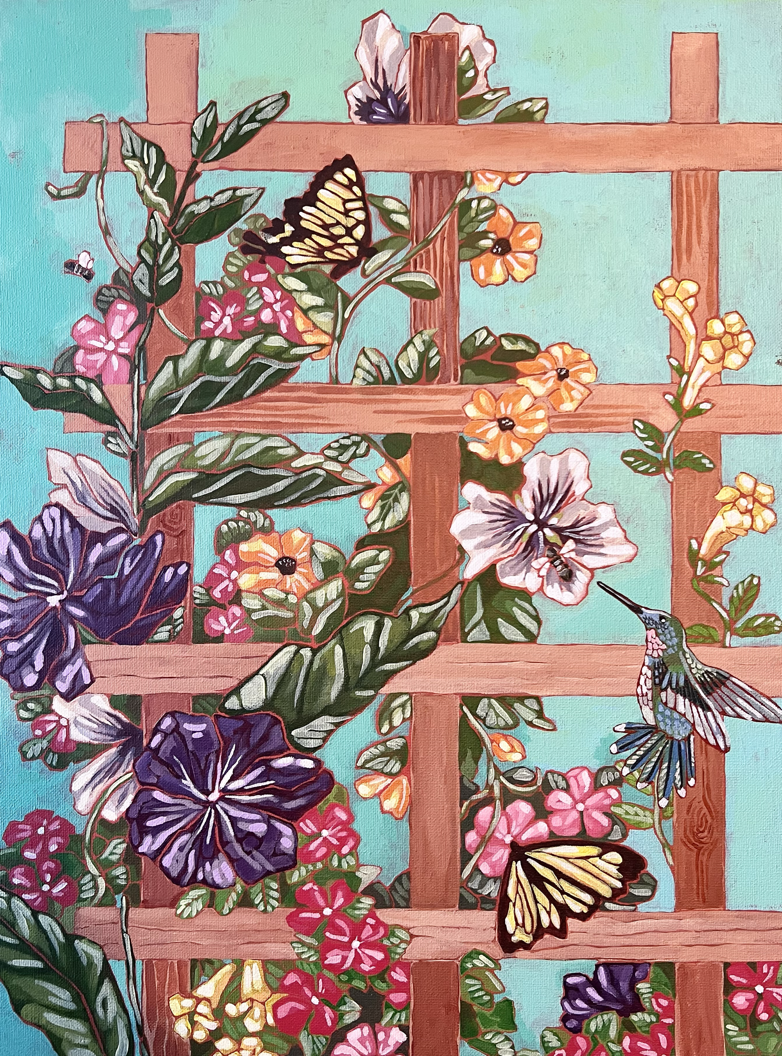 Colorful painting of flowers, a hummingbird, a butterfly, and a bee on a wooden trellis.