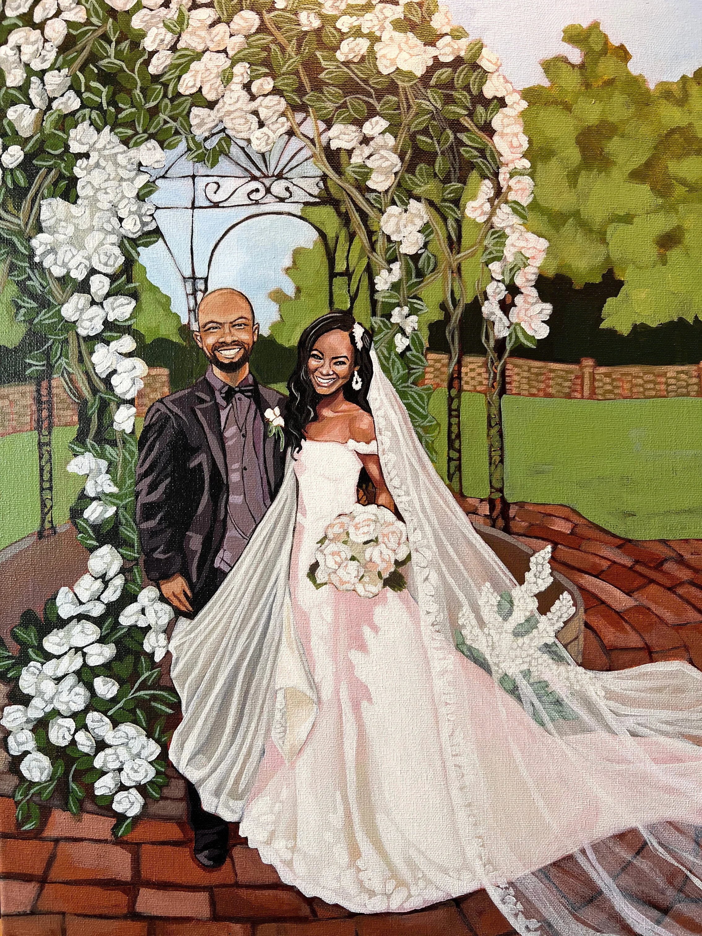  Live wedding painting of a newlywed couple standing under a floral wedding arch outdoors, at their dream wedding. The bride is in a white wedding gown holding a bouquet, and the groom is in a dark suit.