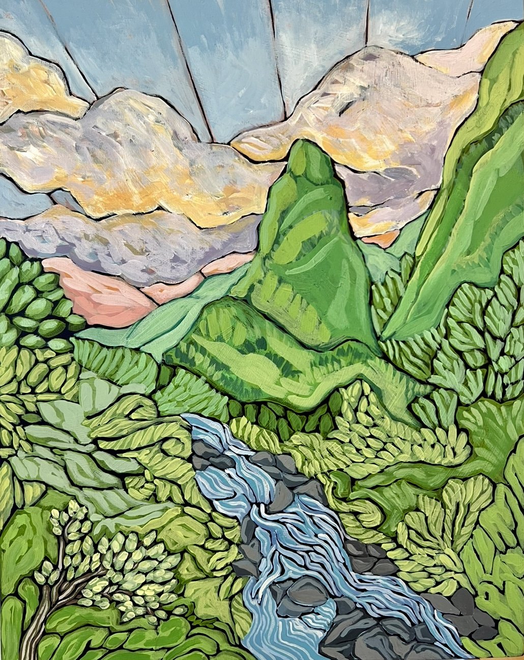 A colorful painting of a mountain landscape with green hills, a blue river, and a sky with clouds.