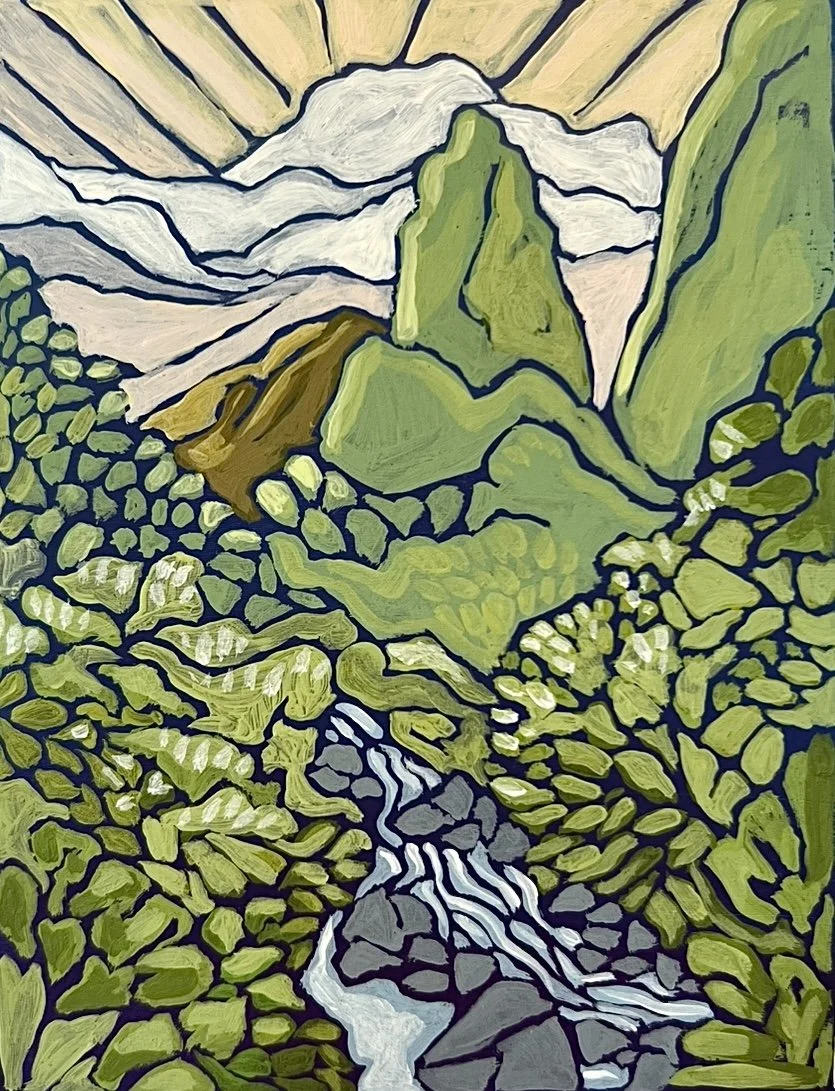 A painting of a mountain landscape with a river flowing through green hills and a rocky foreground under a sky with stylized sun rays.