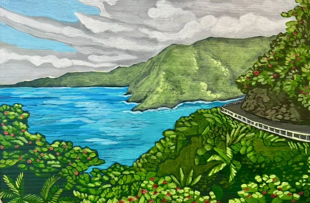 A painted landscape of a coastal scene with blue water, green mountains, cloudy sky, and lush green bushes with red flowers in the foreground, and a winding road along the hillside.
