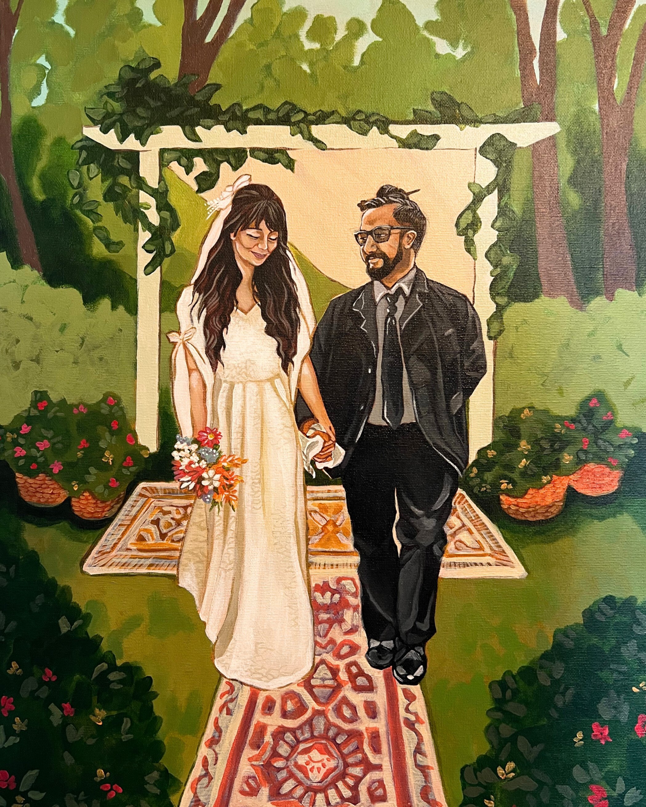 A painting (live wedding painting) of a couple at an outdoor destination wedding ceremony, standing on a decorative rug with greenery and potted plants around them, under a trellis covered with vines at their dream wedding. 