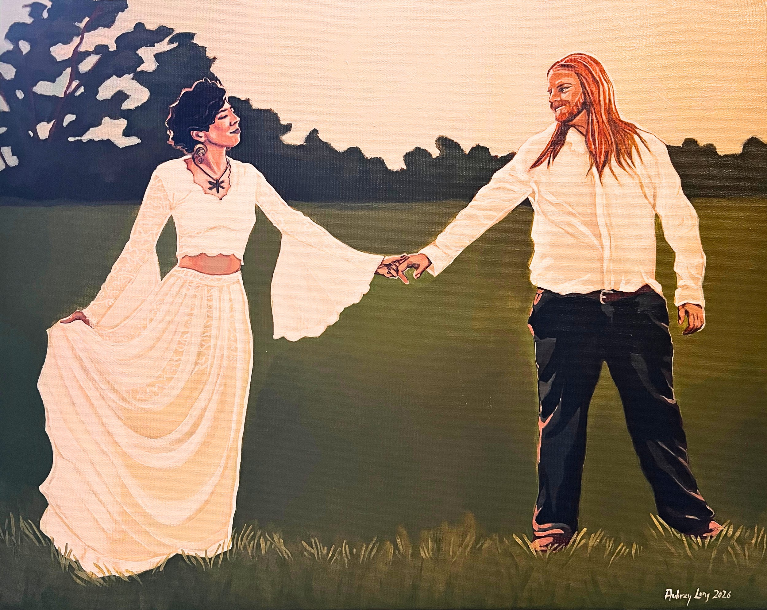 A live wedding painting of a man and woman at their dream wedding holding hands and walking in a grassy field at sunset. The woman is dressed in a flowing white dress, and the man is wearing a white shirt and black pants.