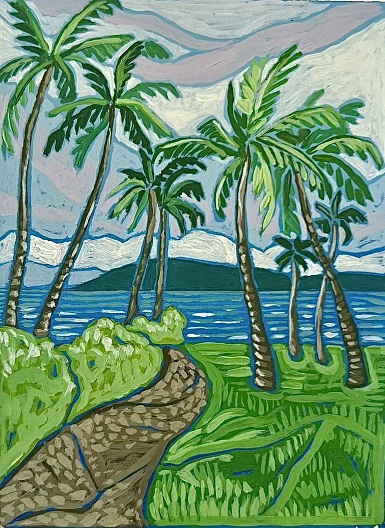 A colorful painting of a tropical landscape with palm trees, a dirt path, green foliage, mountains, ocean, and cloudy sky.