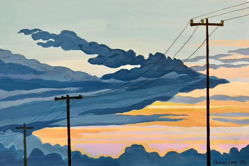 Painting of a sunset sky with colorful clouds and three telephone poles with power lines.