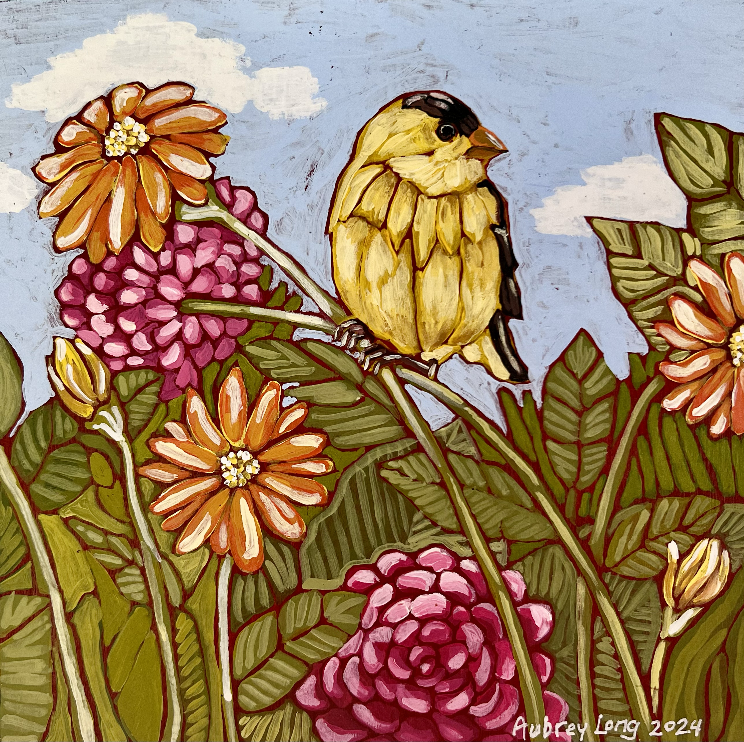 A painting of a yellow bird sitting on a branch surrounded by colorful flowers and green leaves with a blue sky and white clouds in the background.