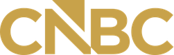 Close-up of the CNBC logo in gold lettering on a white background.