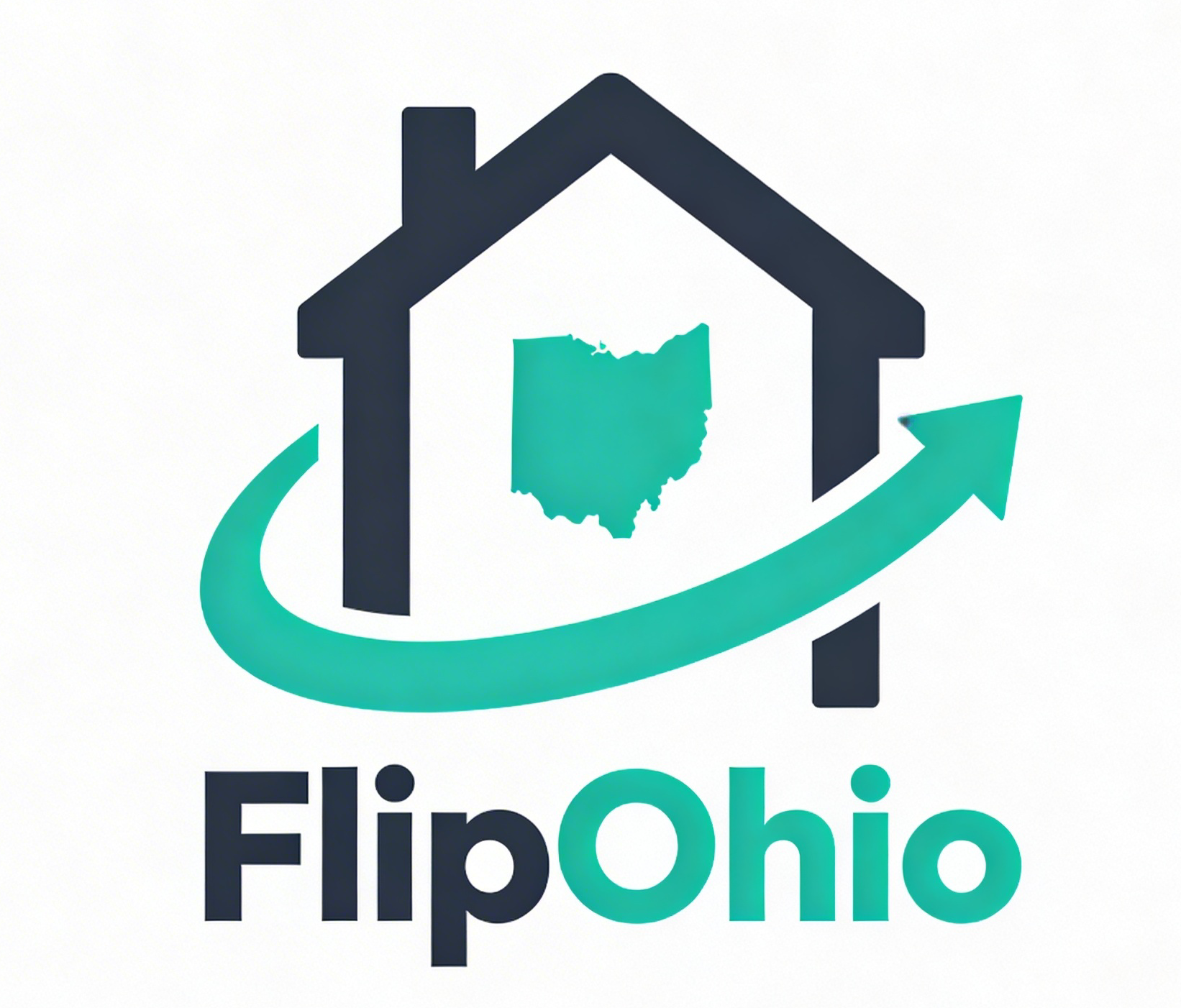 A logo featuring a house outline with the state of Ohio inside and a curved arrow wrapping around it, with the word 'FlipOhio' beneath.