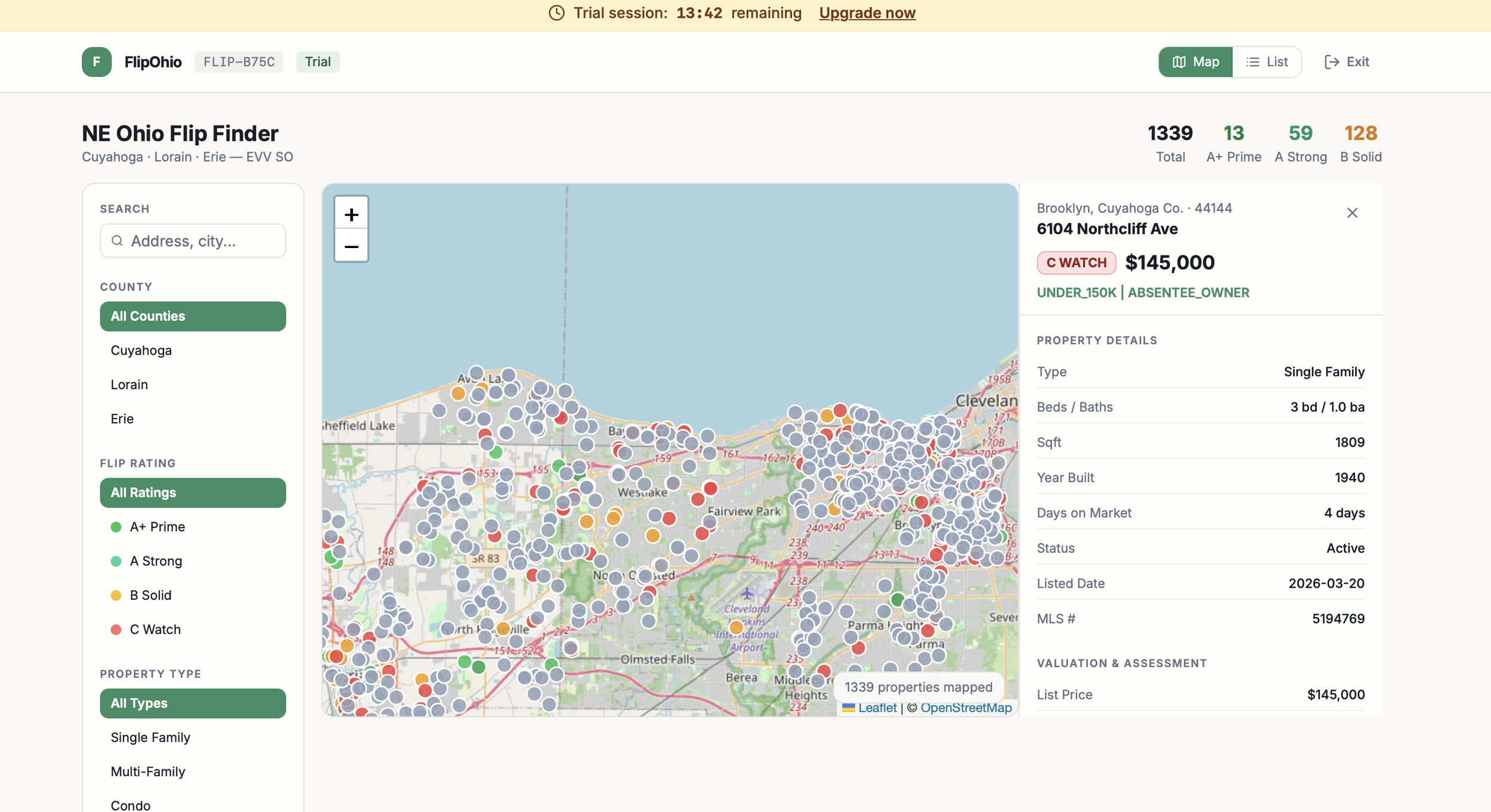 Map of Cleveland, Ohio with property listings, highlighted area around Northcliff Ave showing details of a property priced at $145,000.