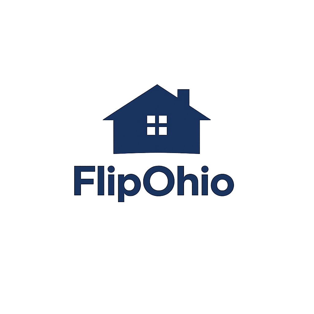 The FlipOhi logo features a dark blue house with four square windows and a chimney. Underneath, the text 'FlipOhi' is written in matching dark blue font.