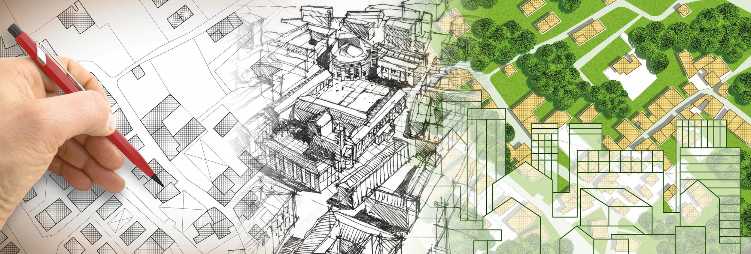 En arkitekt tegner et bykart med en hånd som bruker en rød penn. Bildet viser en kombinasjon av håndtegnede skisser, digitale tegninger av bygninger, og en grønne park med trær på et byområde.