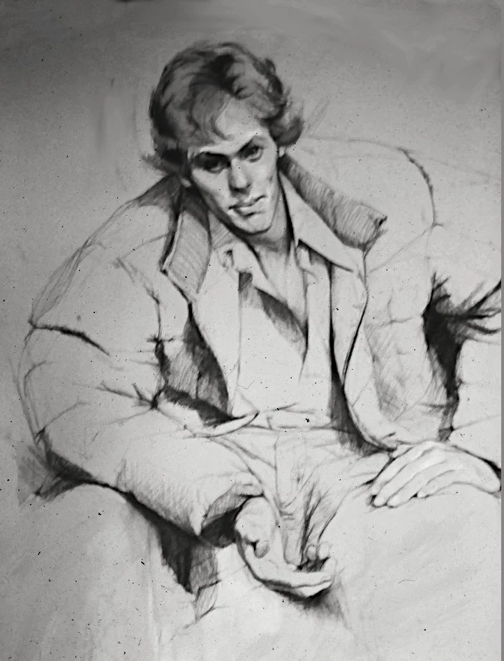 A pencil sketch of a young woman with wavy hair, wearing a jacket and a collared shirt, sitting with her hands resting on her lap.