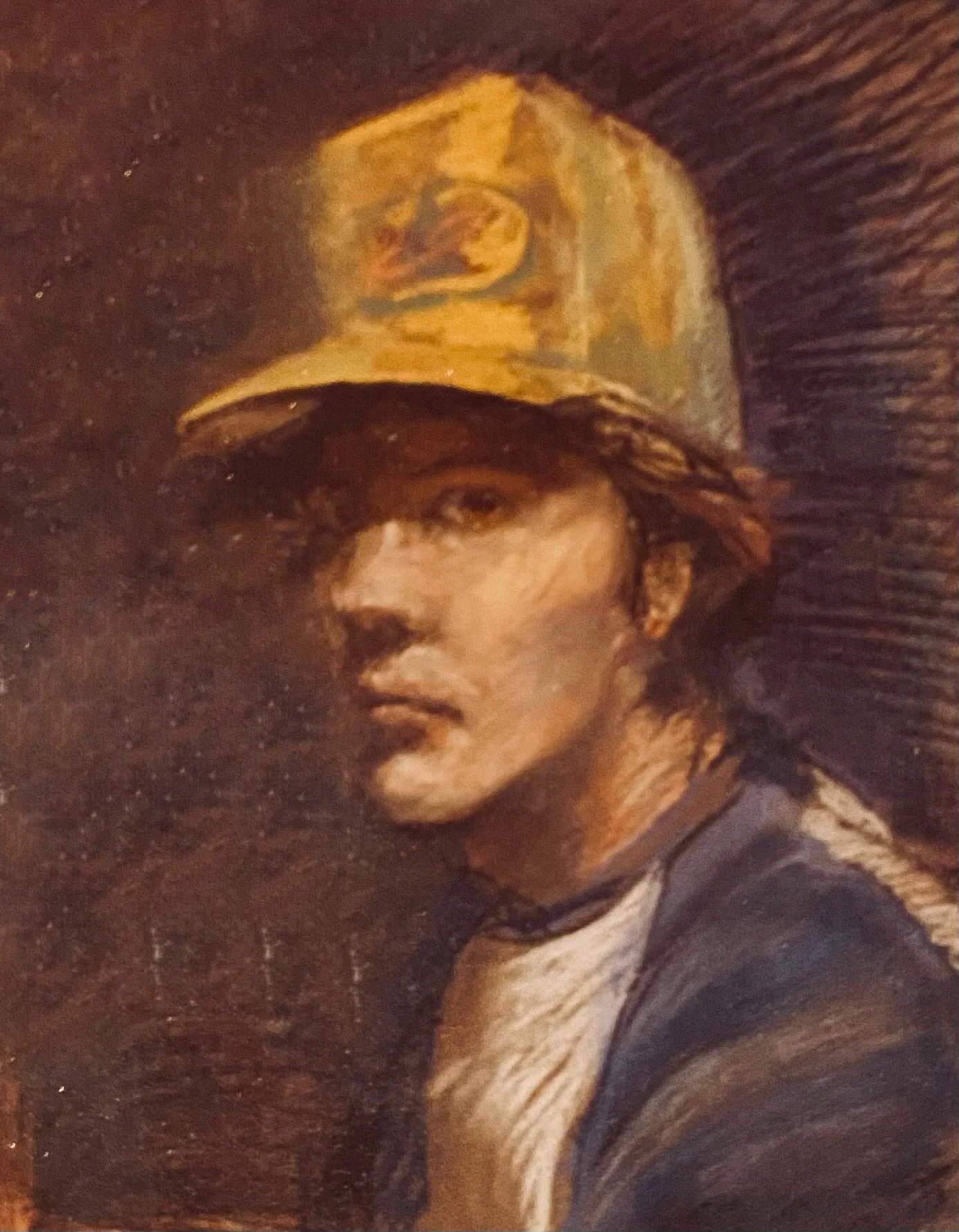 Pastel on paper. Self portrait of the artist, James M. Needham. Completed about 1976, so I am 50 years older now. But you see I'm still wearing the hat of the largest agricultural chemical supplier in the area. Cheapest model in town, myself.