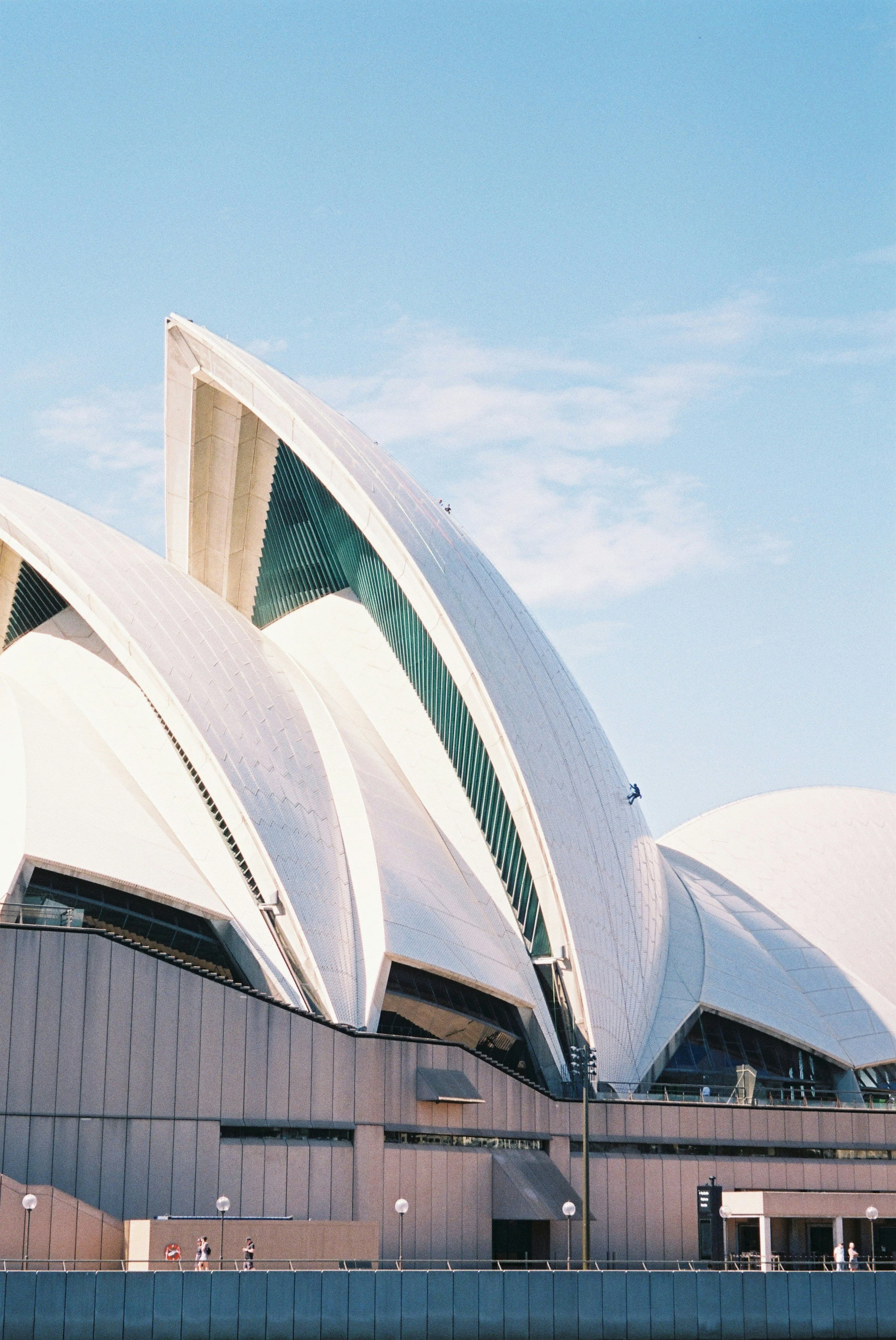 Imagen de la Ópera de Sídney con su distintiva arquitectura de cúpulas blancas y estructurales bajo un cielo azul claro.