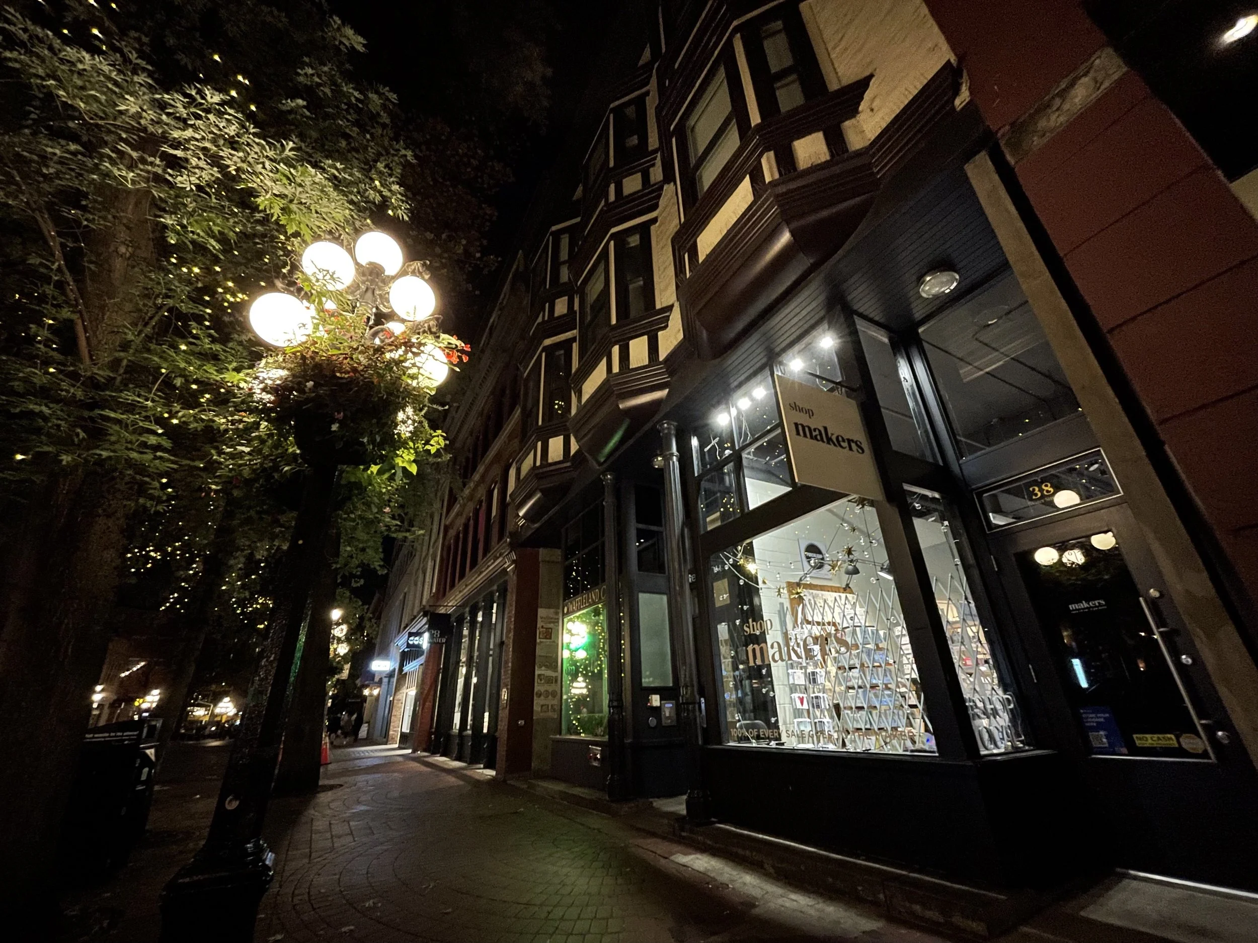 Gastown at night — warm, moody, and effortlessly romantic.