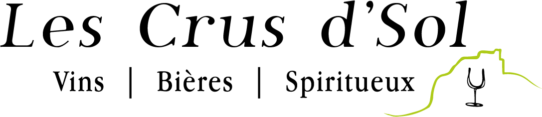 Logo de 'Les Crus d'Sol' avec texte 'Vins, Bières, Spiritueux' et une silhouette de verre à vin avec une ligne qui représente une colline.