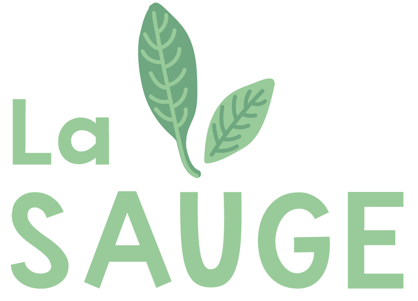 Logo avec deux feuilles vertes et le texte "La SAUGE" en vert clair.