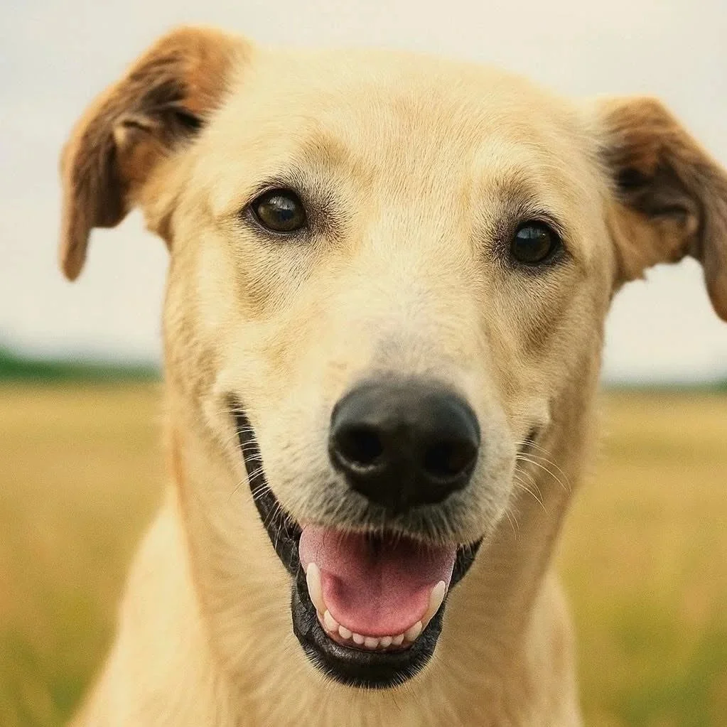 Close-up of a happy Labrador Retriever dog with tan fur and dark eyes, smiling outdoors.