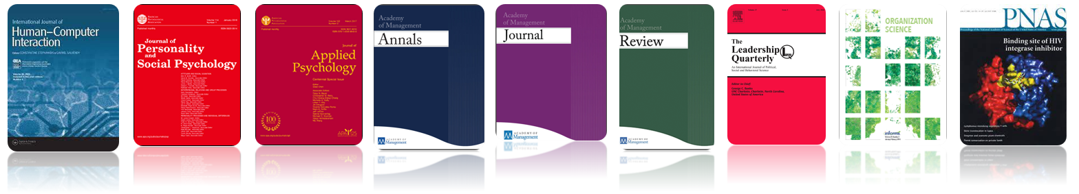 A row of academic journal covers representing published research in psychology, management, organization science, leadership, and human-computer interaction.