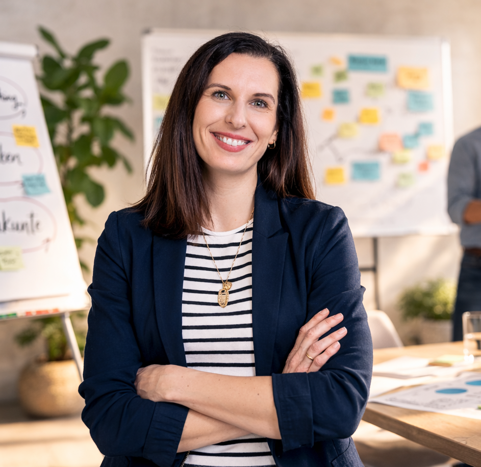 Eine lächelnde Frau mit dunklen Haaren, blauer Blazer und gestreiftem Hemd steht in einem Besprechungsraum mit Whiteboards und Post-it-Notizen im Hintergrund.