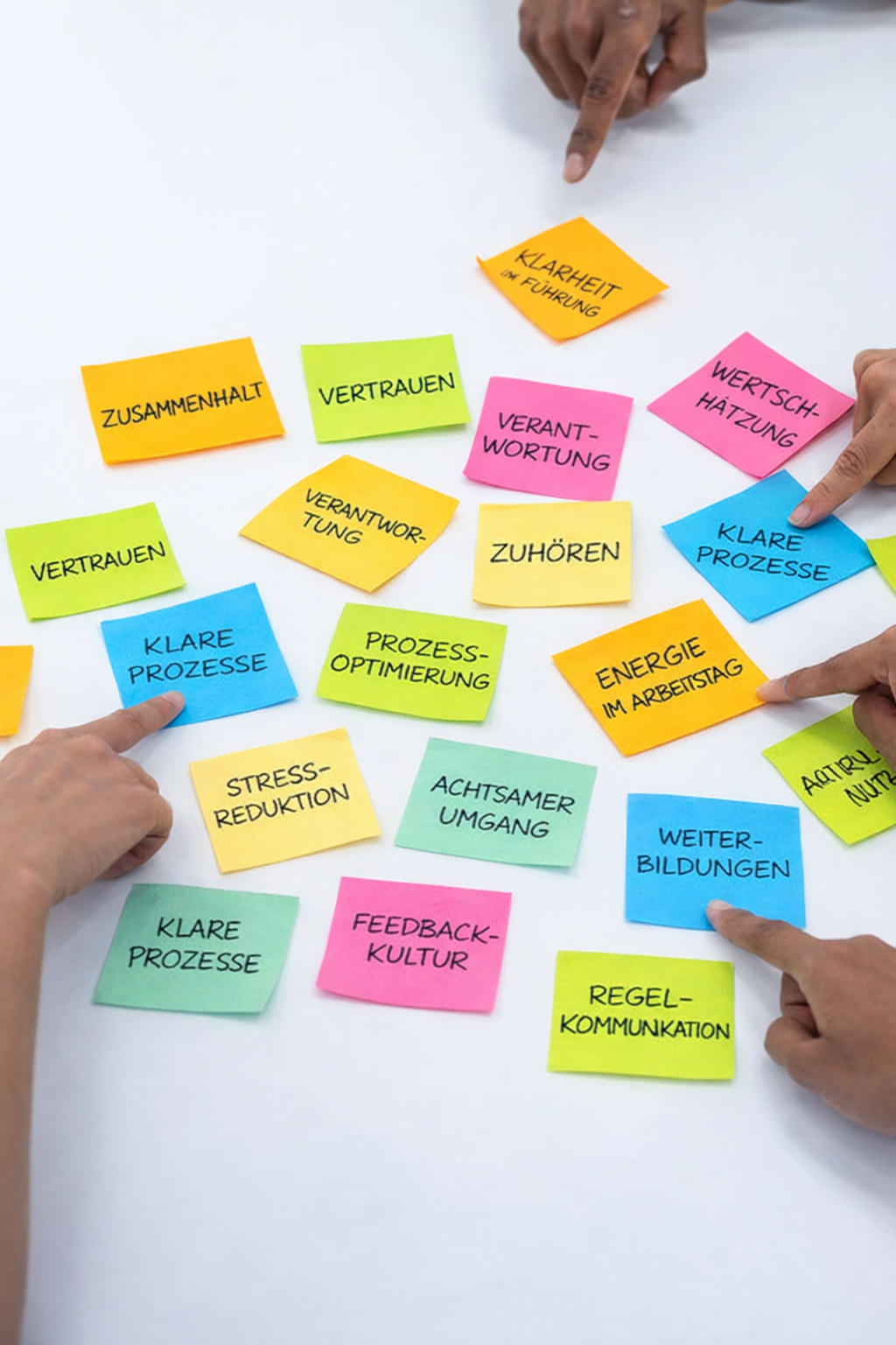 Mehrere bunte Post-its mit deutschen Begriffen und Sätzen auf einem weißen Tisch, die Diskussion und Planung zu Themen wie Kommunikation, Vertrauen, Prozesse und Stressreduktion darstellen.