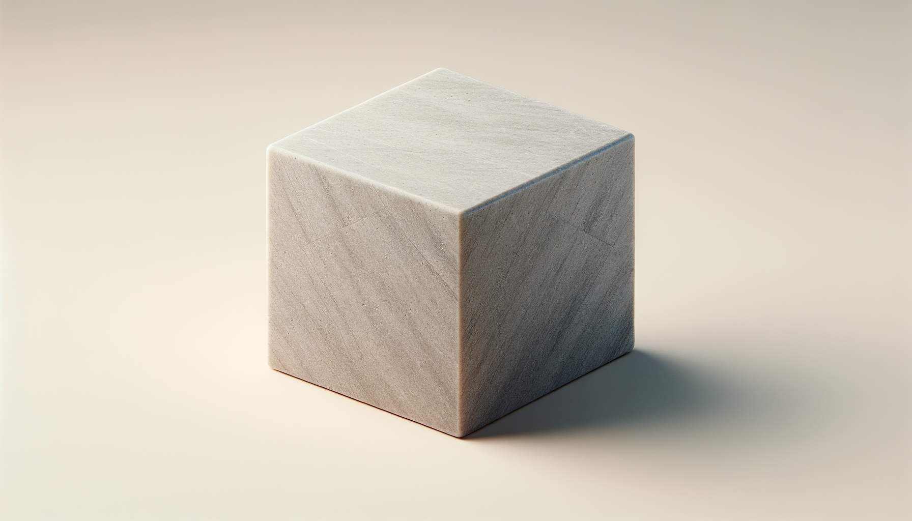 A smooth, light-colored marble cube resting on a plain, neutral surface.