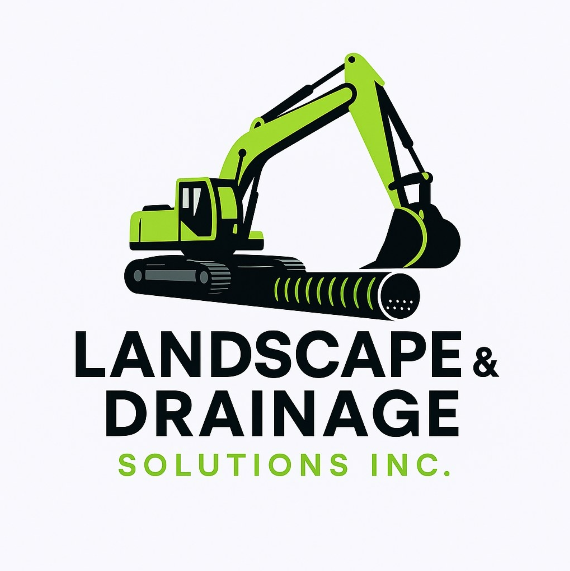 Green and black excavator above the words 'Landscape & Drainage Solutions Inc.' in bold and green letters.