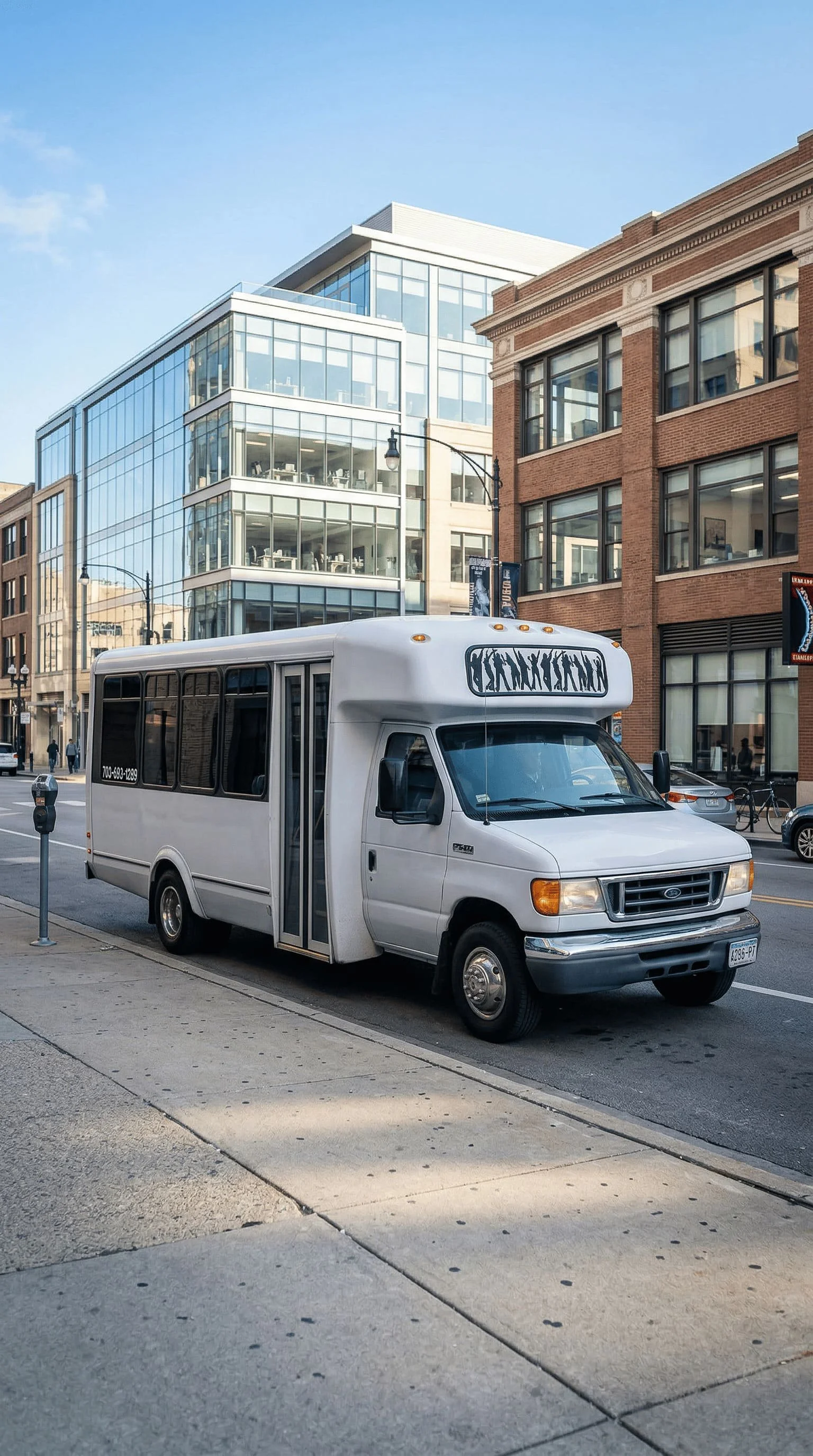 A white shuttle bus parked on a city street in front of modern glass and brick buildings, with a clear blue sky overhead.