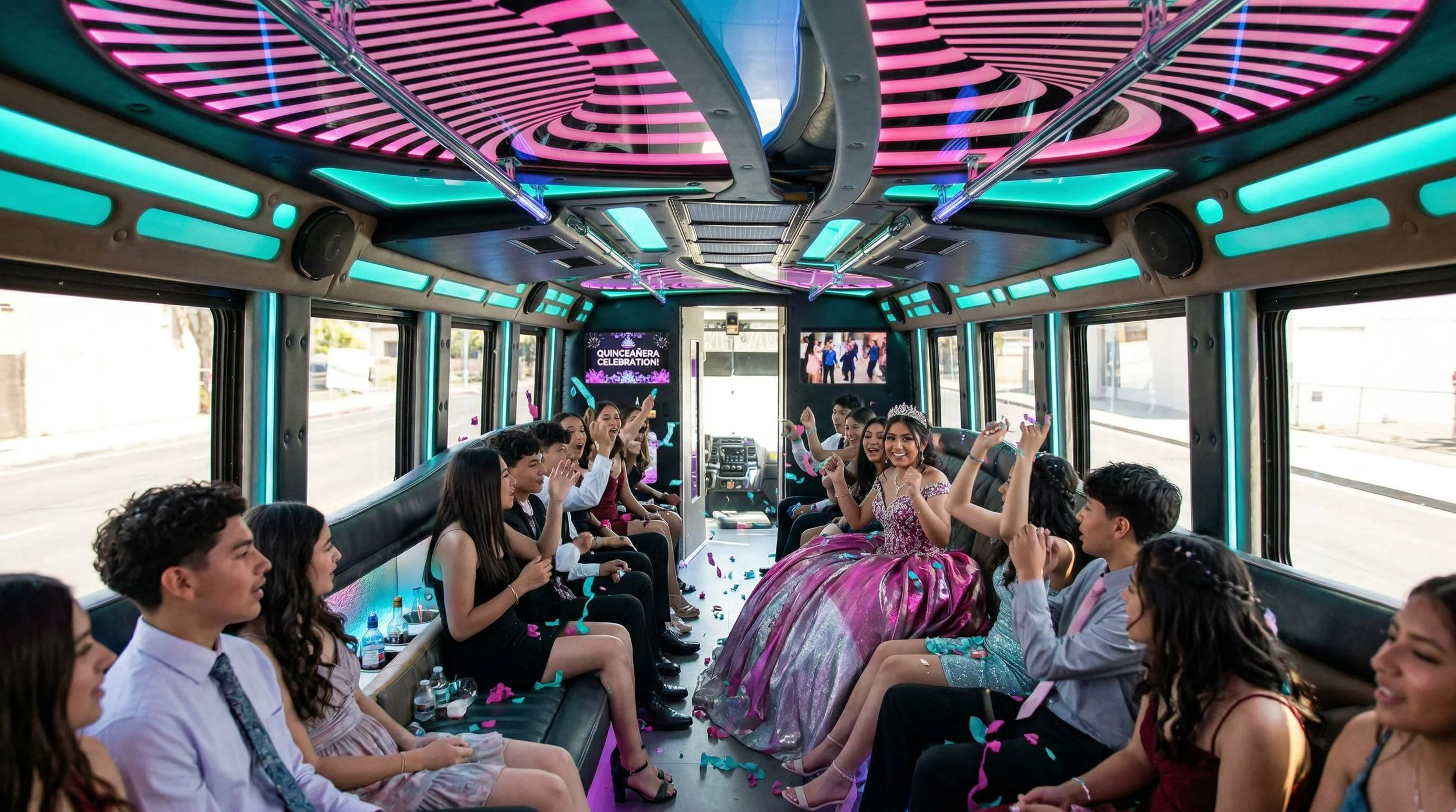 Group of teenagers celebrating a quinces celebration on a decorated bus with a girl in a pink dress and tiara.