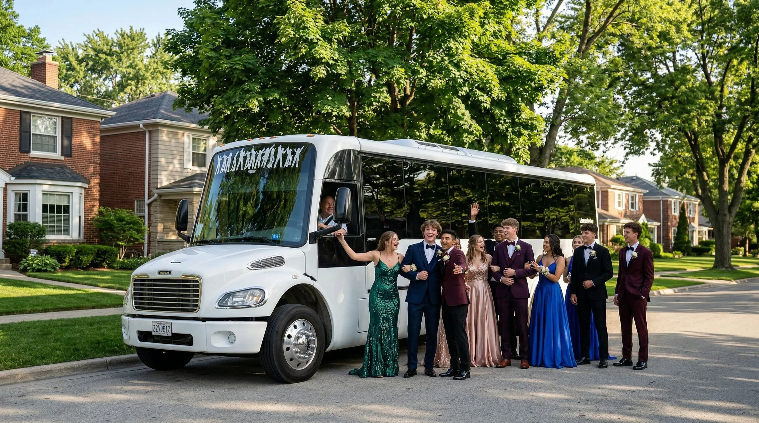 A group of young people dressed in formal wear celebrating next to a white shuttle bus in a residential neighborhood with large green trees and houses.