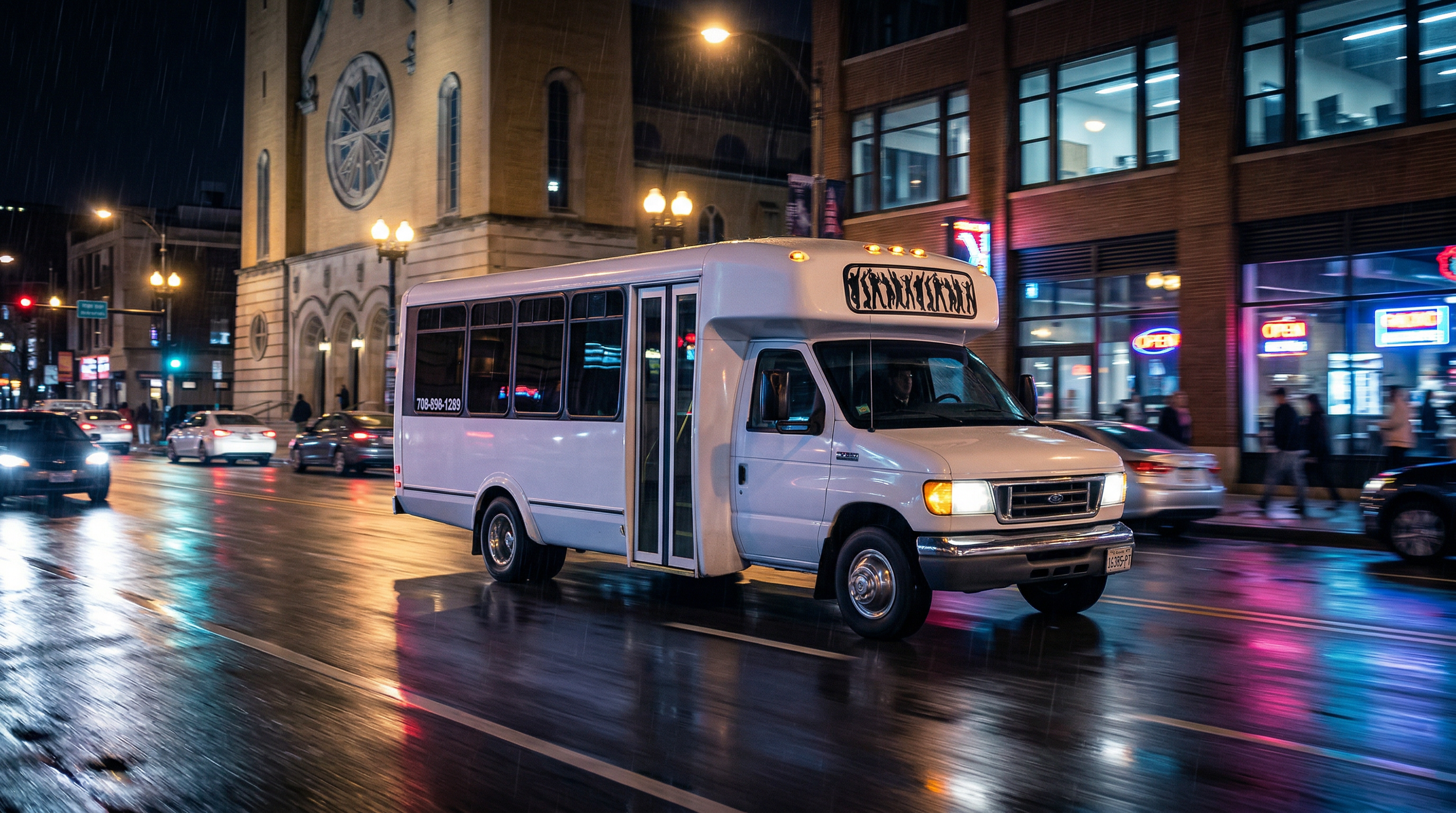 A white shuttle bus driving on a wet city street at night, with colorful neon signs and illuminated buildings in the background.