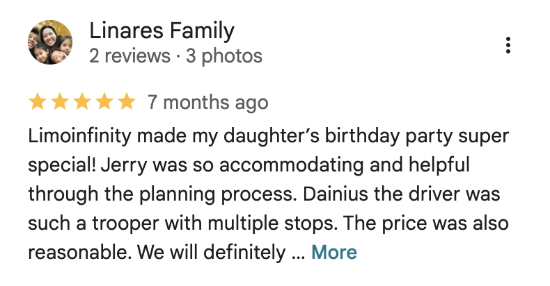 Screenshot of a Facebook review from Linares Family praising Limoinfinity for planning a daughter's birthday party, mentioning driver Dainius and Jerry, with a five-star rating.