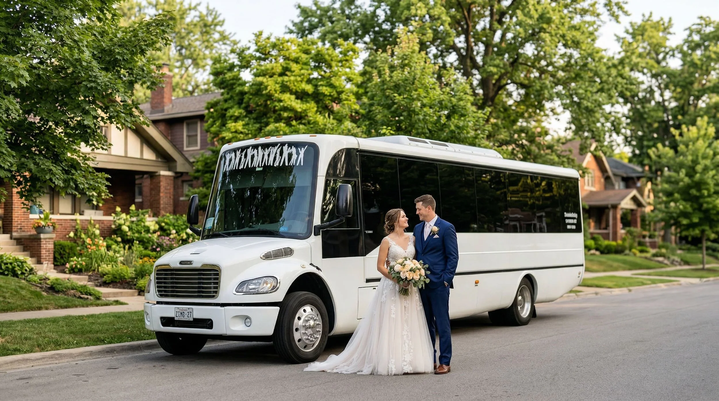 A newlywed couple dressed in wedding attire, standing in front of a white shuttle bus on a suburban street with houses and lush green trees.