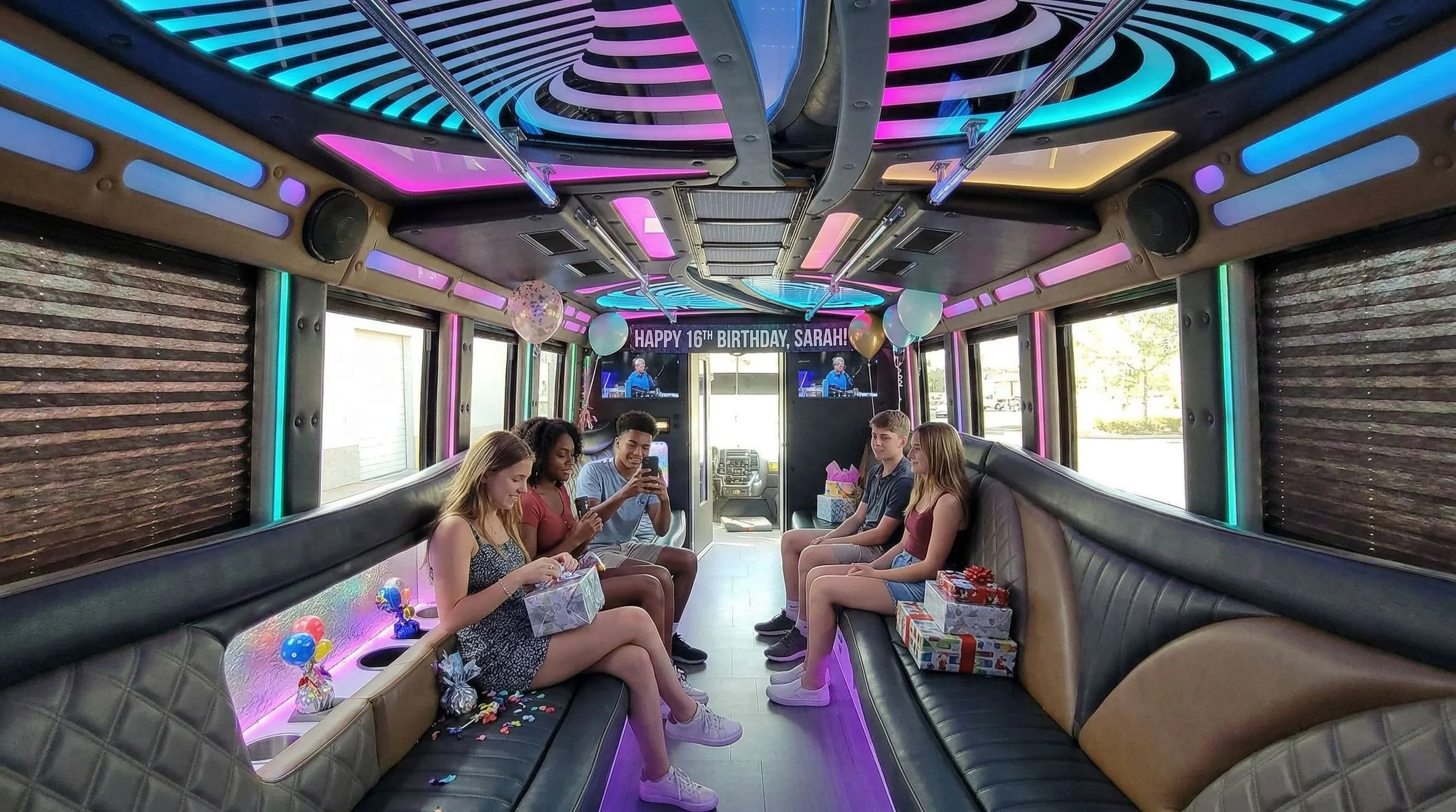 Six teenagers sitting inside a party bus decorated for a birthday celebration with a banner that reads 'Happy 16th Birthday, Sarah!' Four of the teenagers are looking at a phone, one girl is opening a gift, and the others are chatting or smiling. The bus has colorful neon lights, balloons, and wrapped presents on the seats.