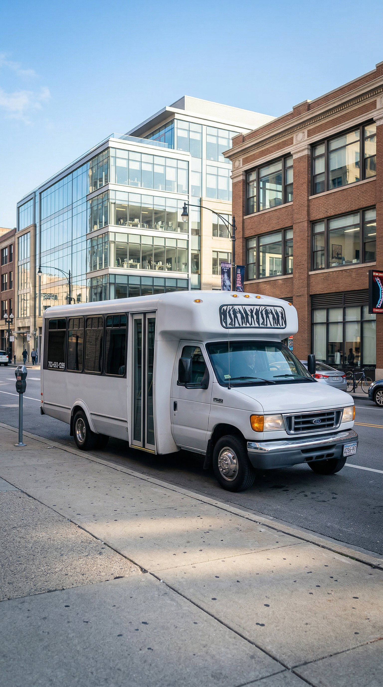A white shuttle bus parked on a city street with modern glass buildings and a brick building in the background, and a blue sky overhead.