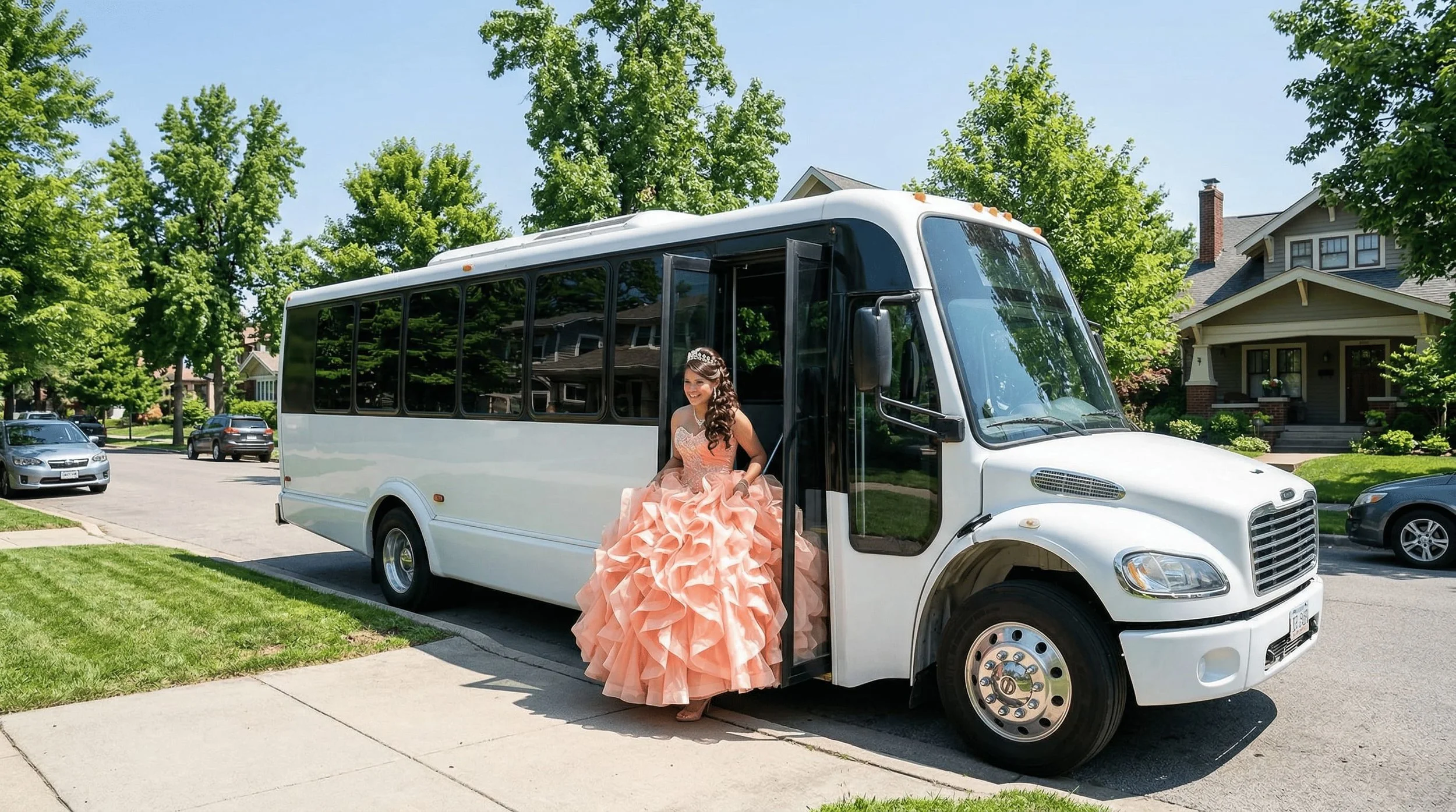 A girl in a peach-colored gown with ruffles sits on the steps of a white shuttle bus parked on a suburban street. Green trees and houses are visible in the background.