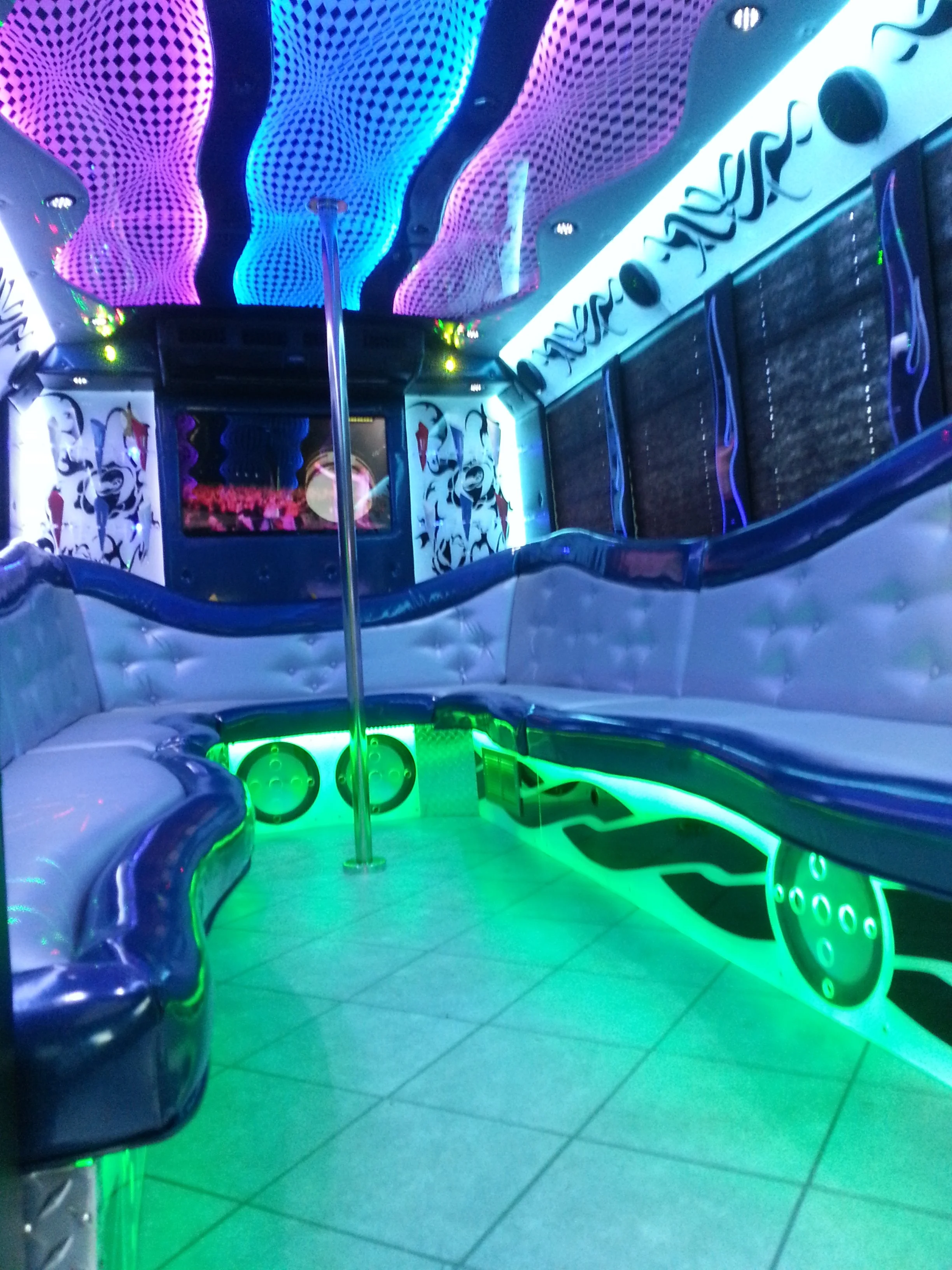 15 passenger party bus Chicago seating and lighting setup