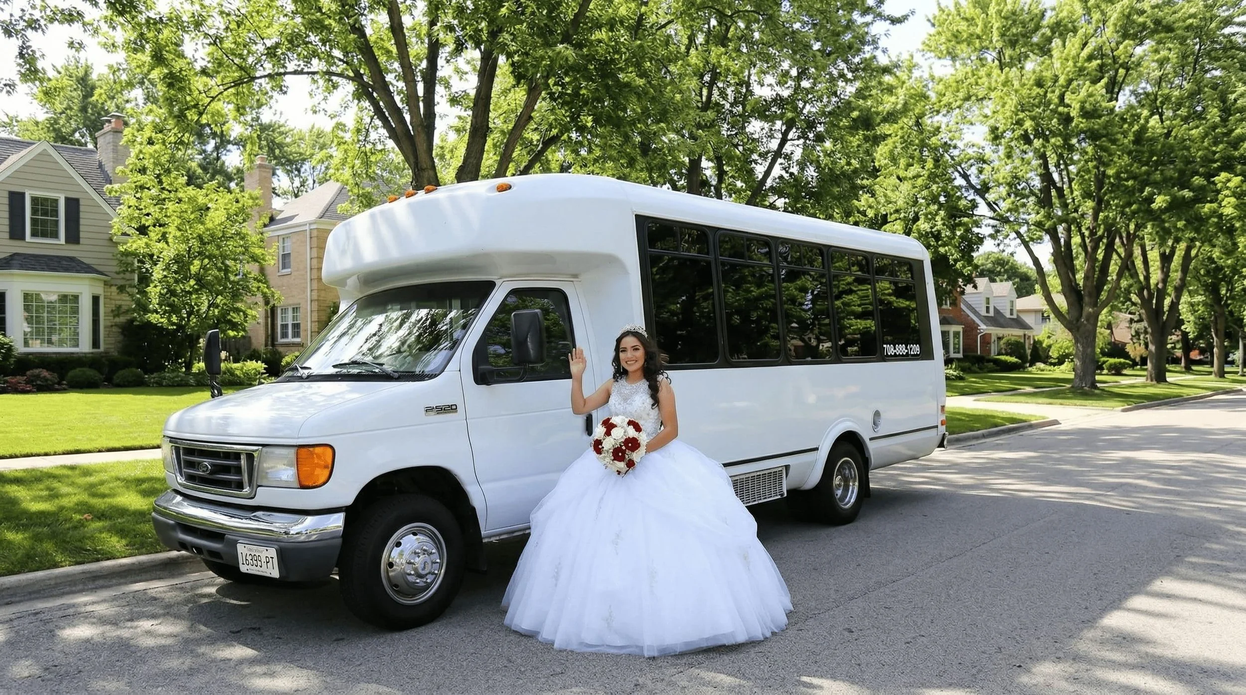 A smiling bride in a white wedding dress and tiara standing next to a white bus, waving, on a suburban street with green trees and houses in the background.
