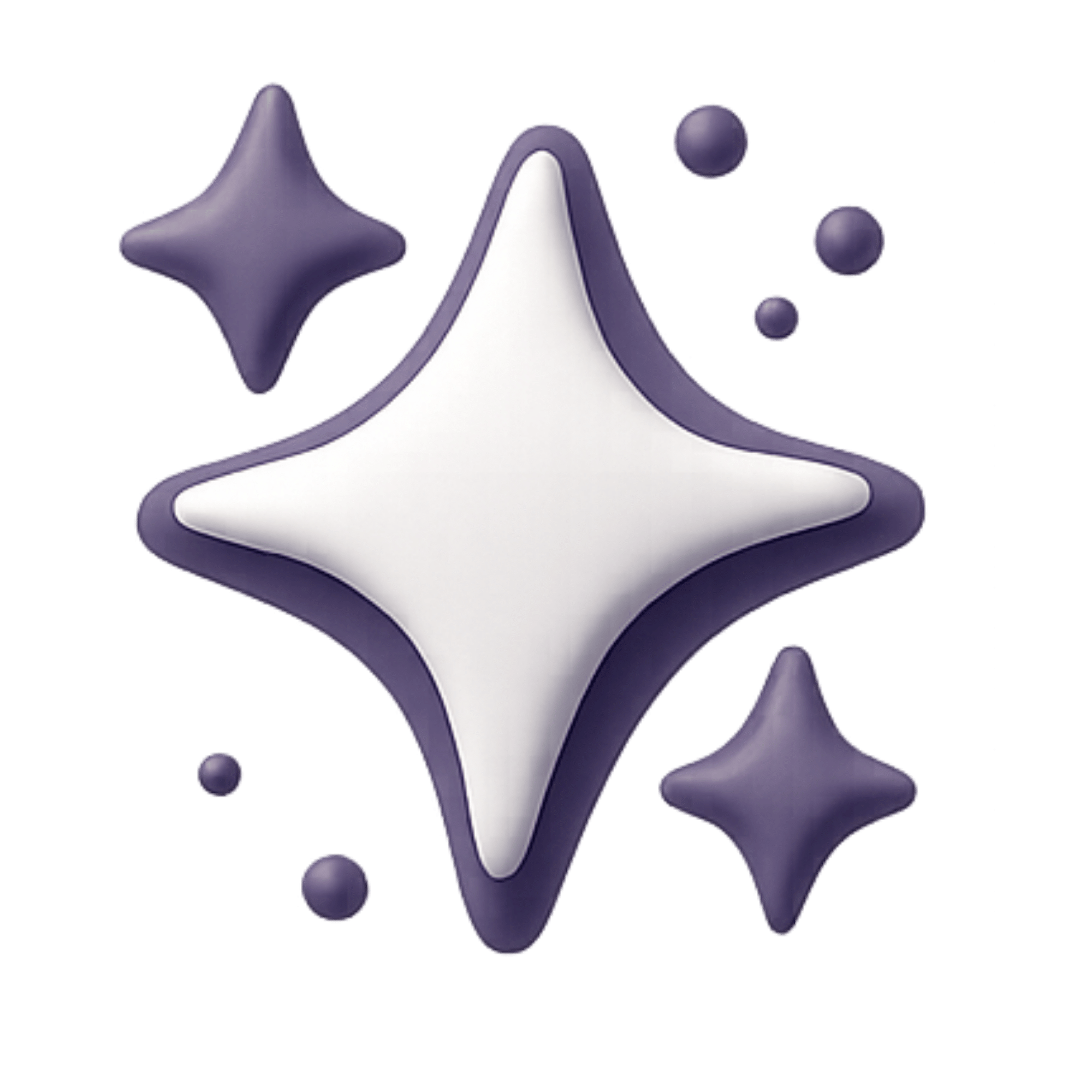 A stylized logo with purple and white colors, featuring a star shape with rounded edges and small spherical elements around it.