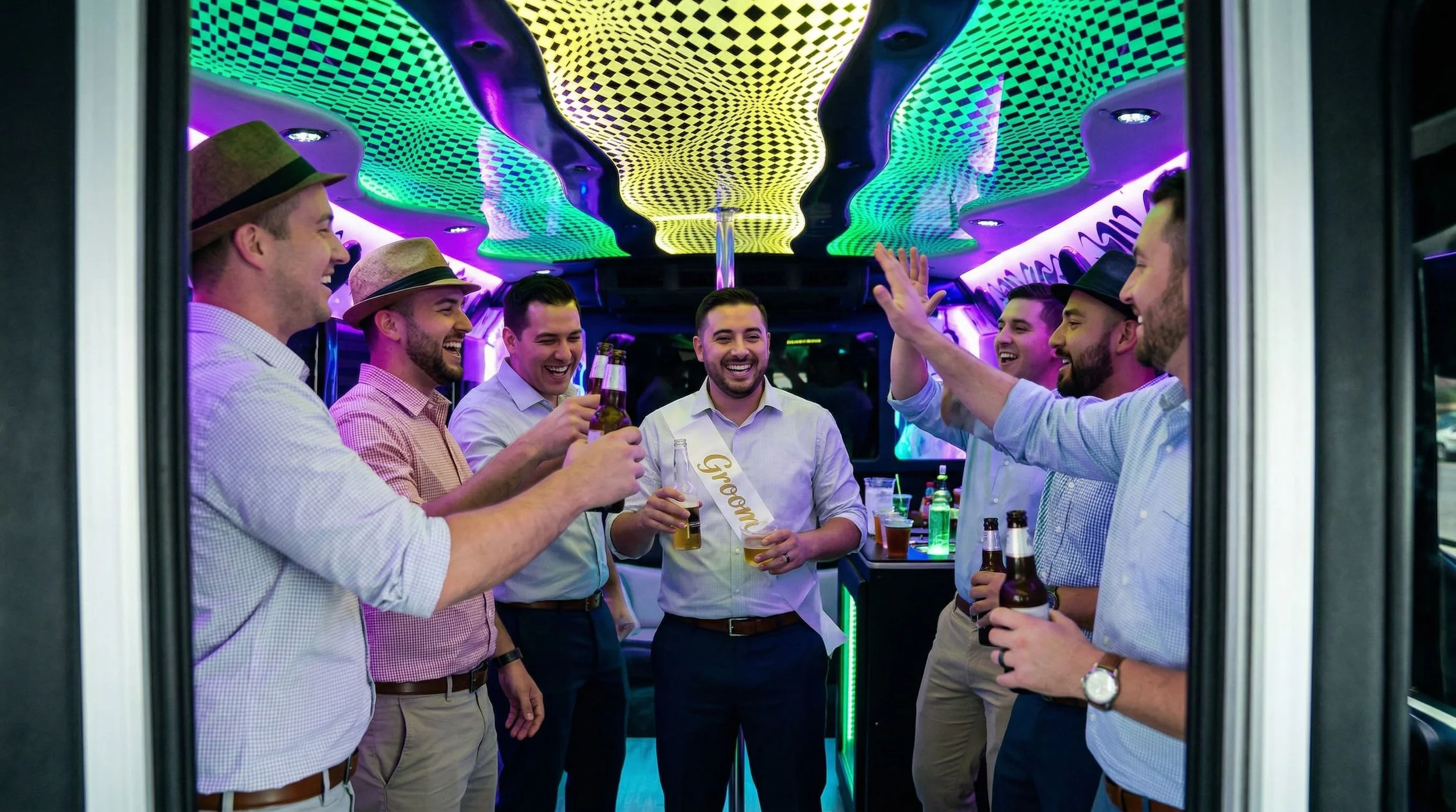 Group of men smiling and raising glasses in a colorful, neon-lit bar with a patterned ceiling at a celebration.