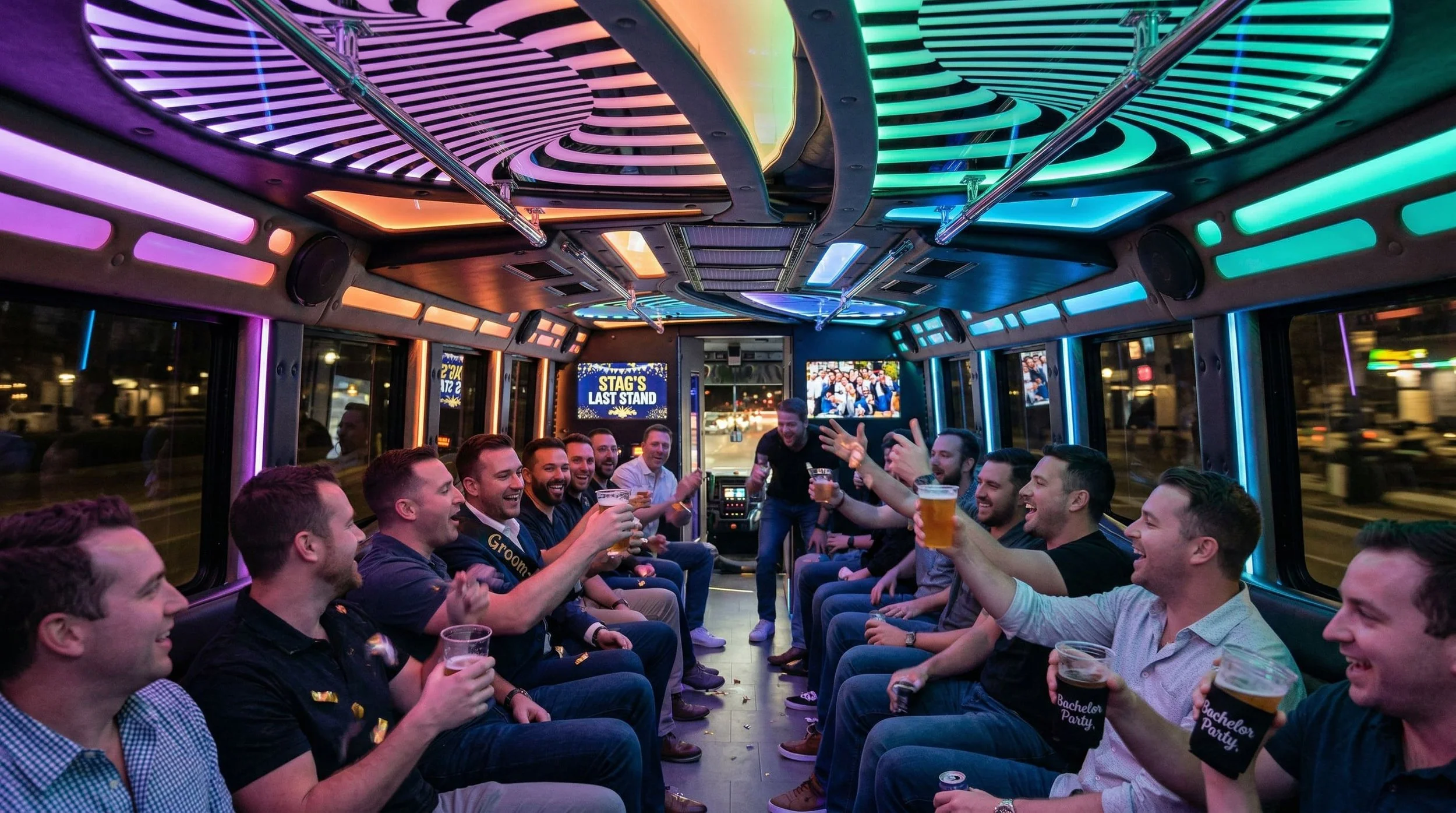 Group of men celebrating and enjoying drinks on a party bus with colorful LED ceiling lights and digital screens.