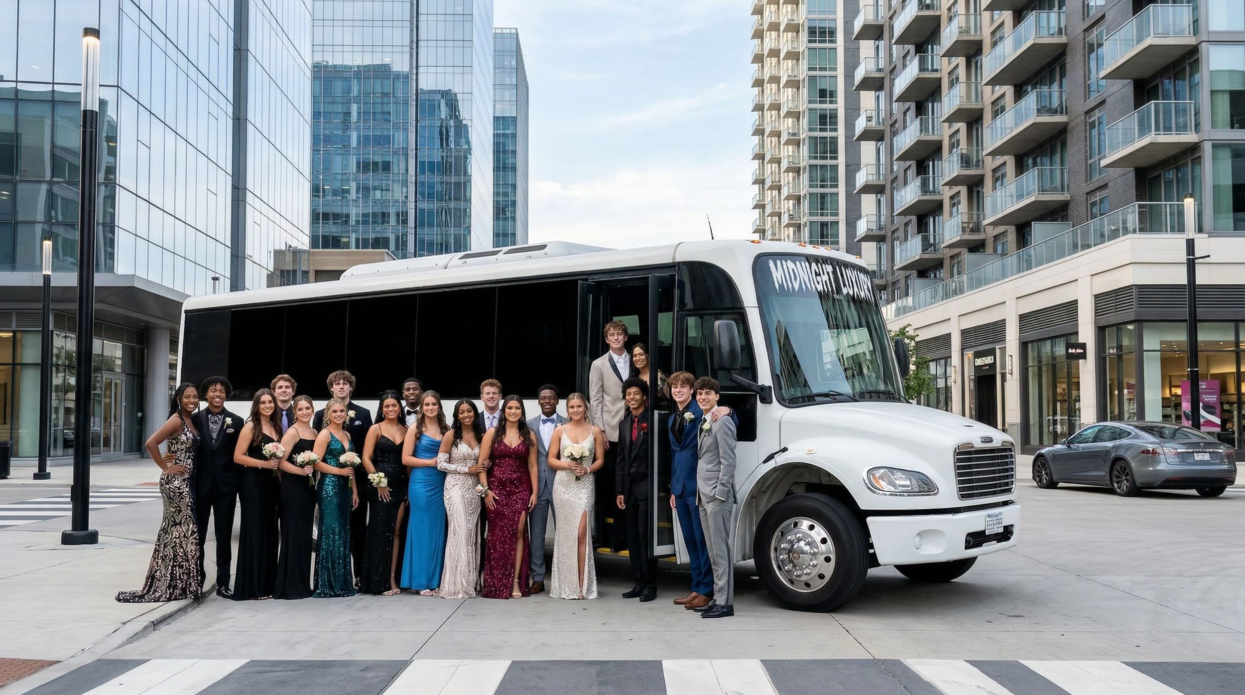 A group of young people dressed in formal attire posing next to a white shuttle bus with the sign 'Midnight Livery' in an urban area with tall glass buildings.