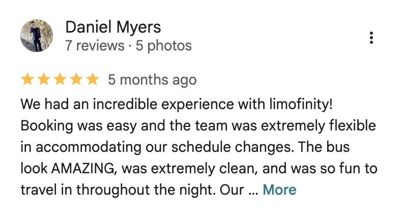 Screenshot of a Google reviews page for a service, showing a five-star review from Daniel Myers expressing satisfaction with the experience, booking, team flexibility, and the bus appearance.