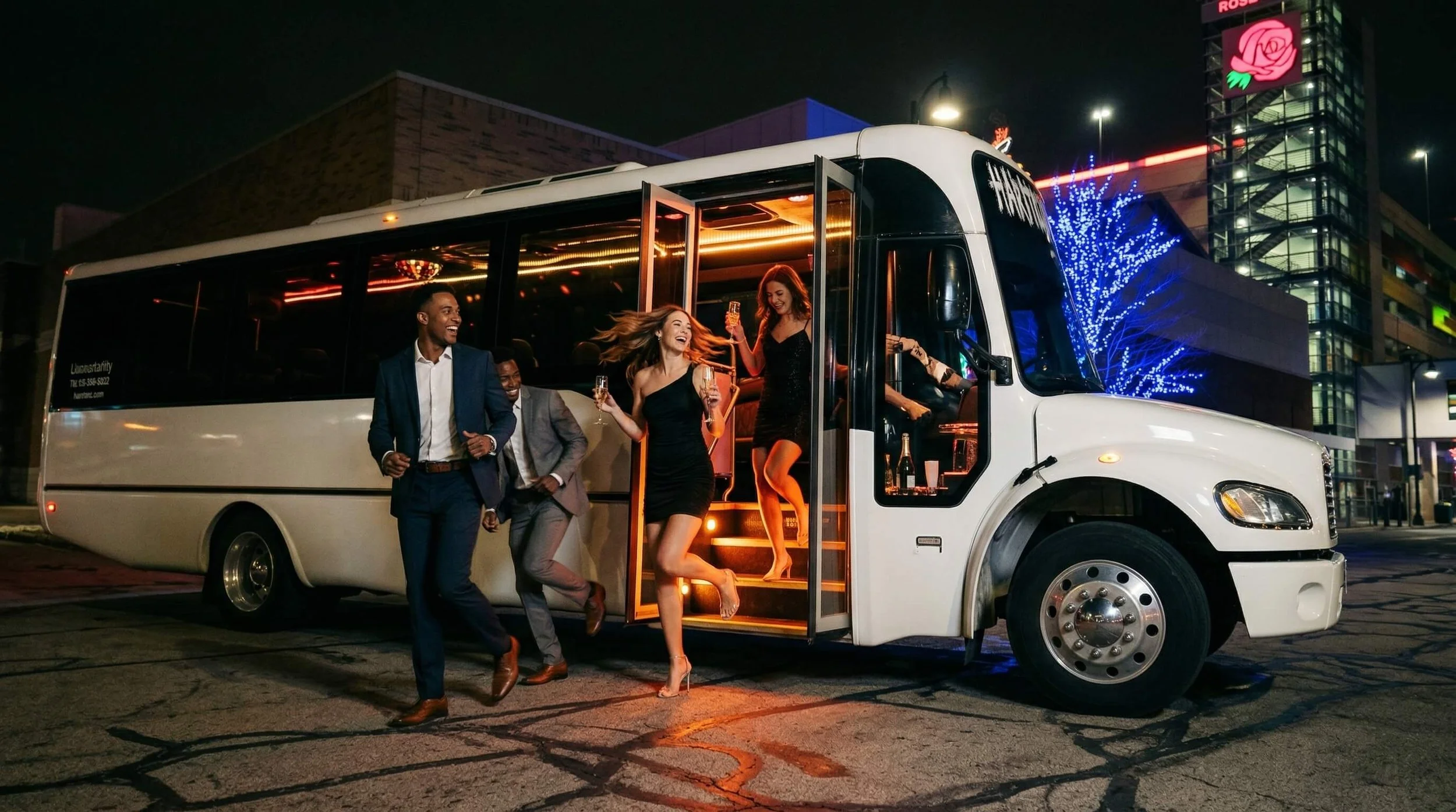 Group of young adults enjoying party on a white limousine with illuminated interior and exterior lights at night in an urban setting, with buildings and neon signs in the background.