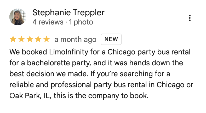Review for Limoinfinity party bus rental in Chicago on a mobile app