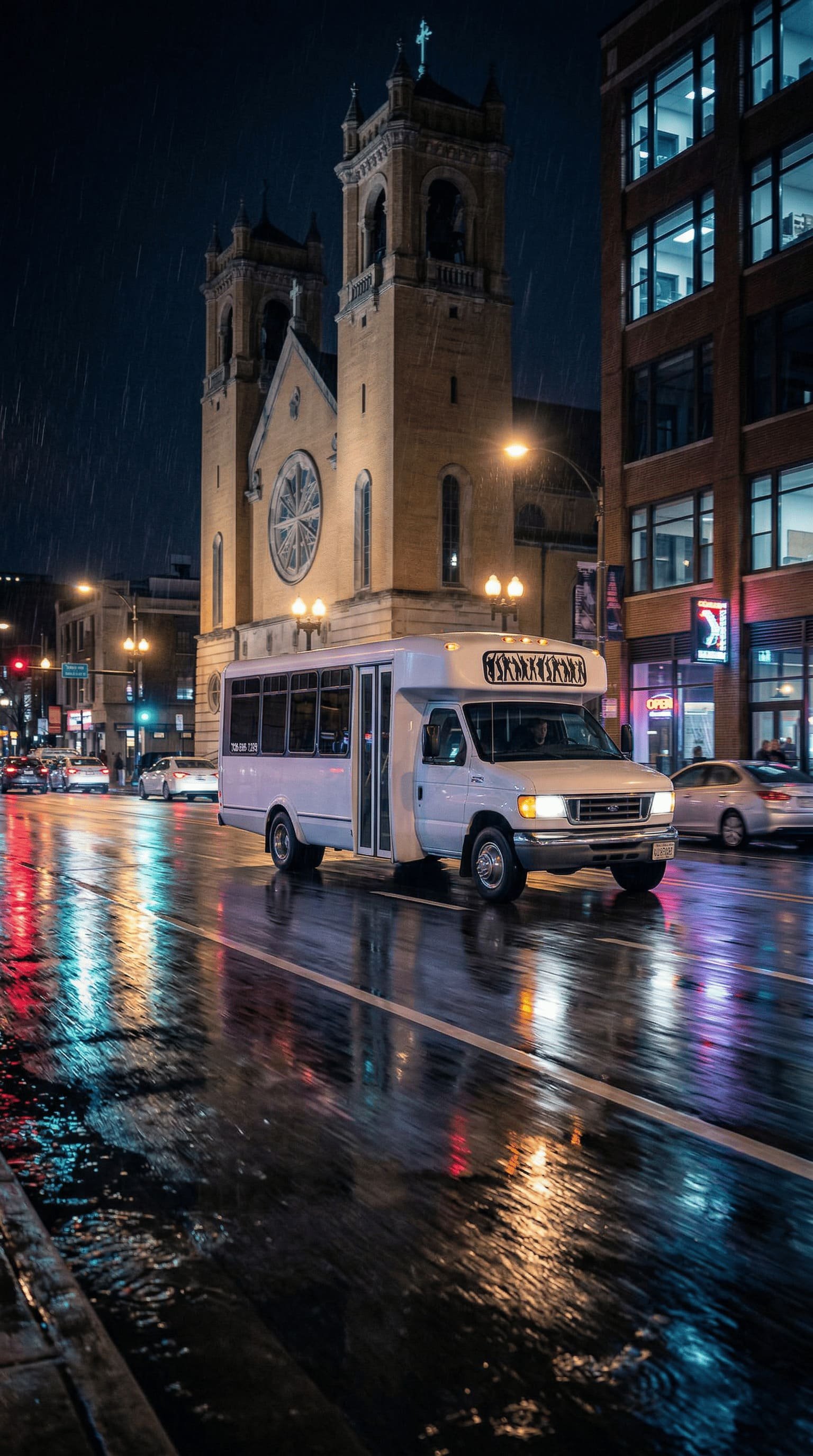 Night scene of a city street with wet pavement reflecting colorful lights, a white shuttle bus driving, and a large church with twin towers and a rose window illuminated in the background.