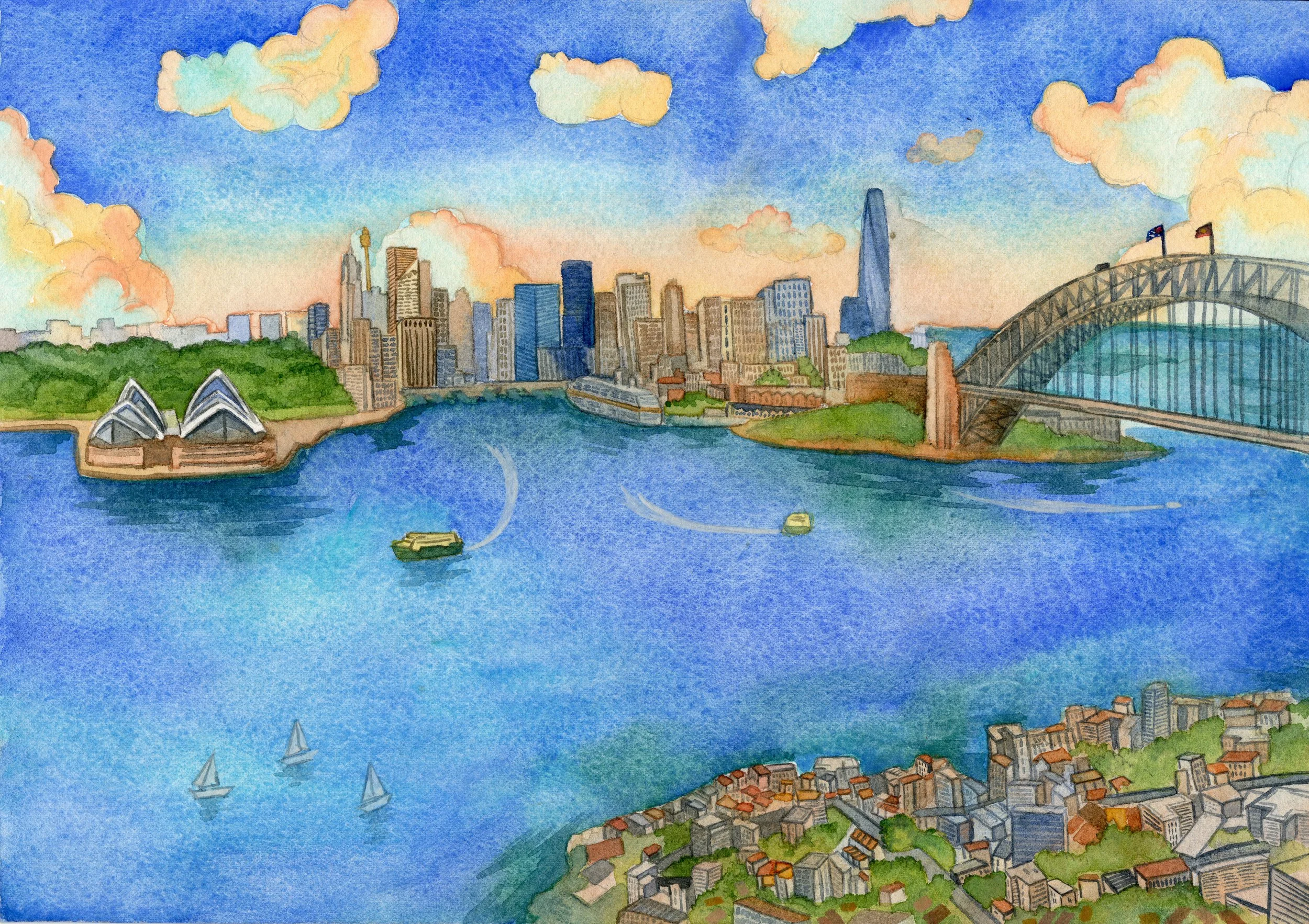 A watercolour painting of the city skyline of Sydney, Australia, with the Sydney Opera House in the foreground and buildings along the harbour, with sail boats and the Sydney Harbour Bridge under a partly cloudy sky.