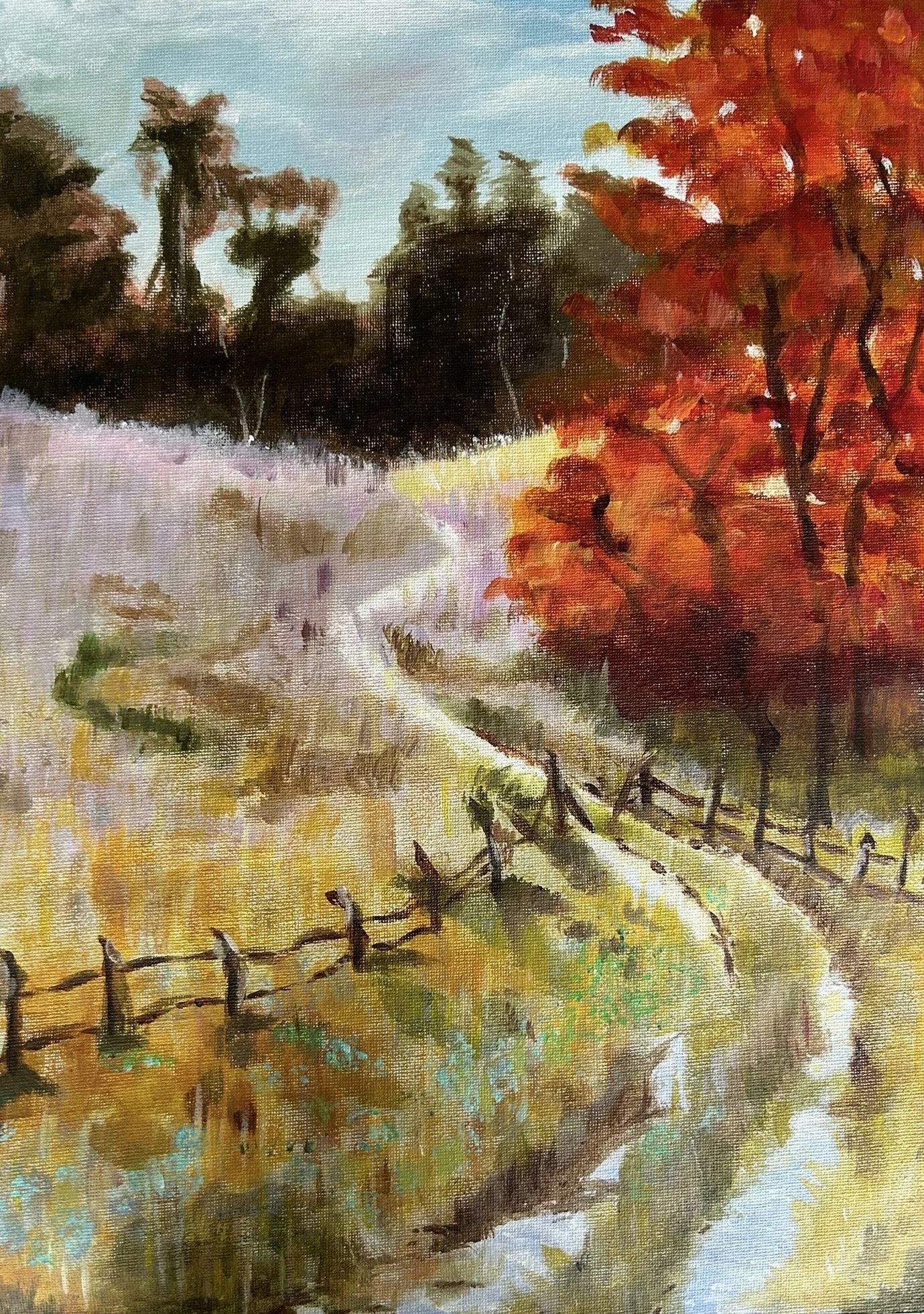 An impressionist painting of a rural landscape with trees, a fence, and a sky with clouds.