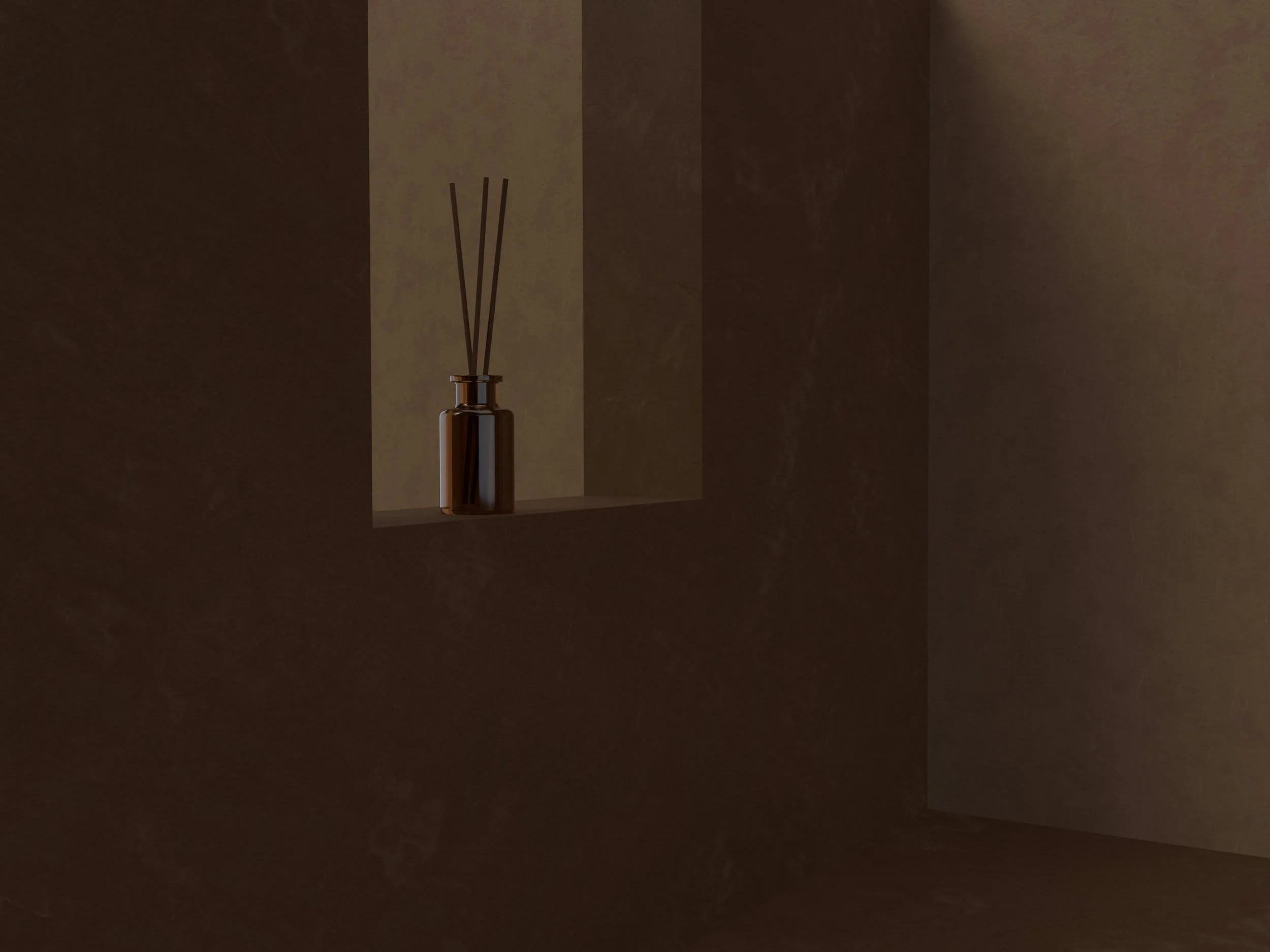 Brown vase with long, thin reeds or sticks inside, sitting on a shelf with a background of a warm-toned wall.